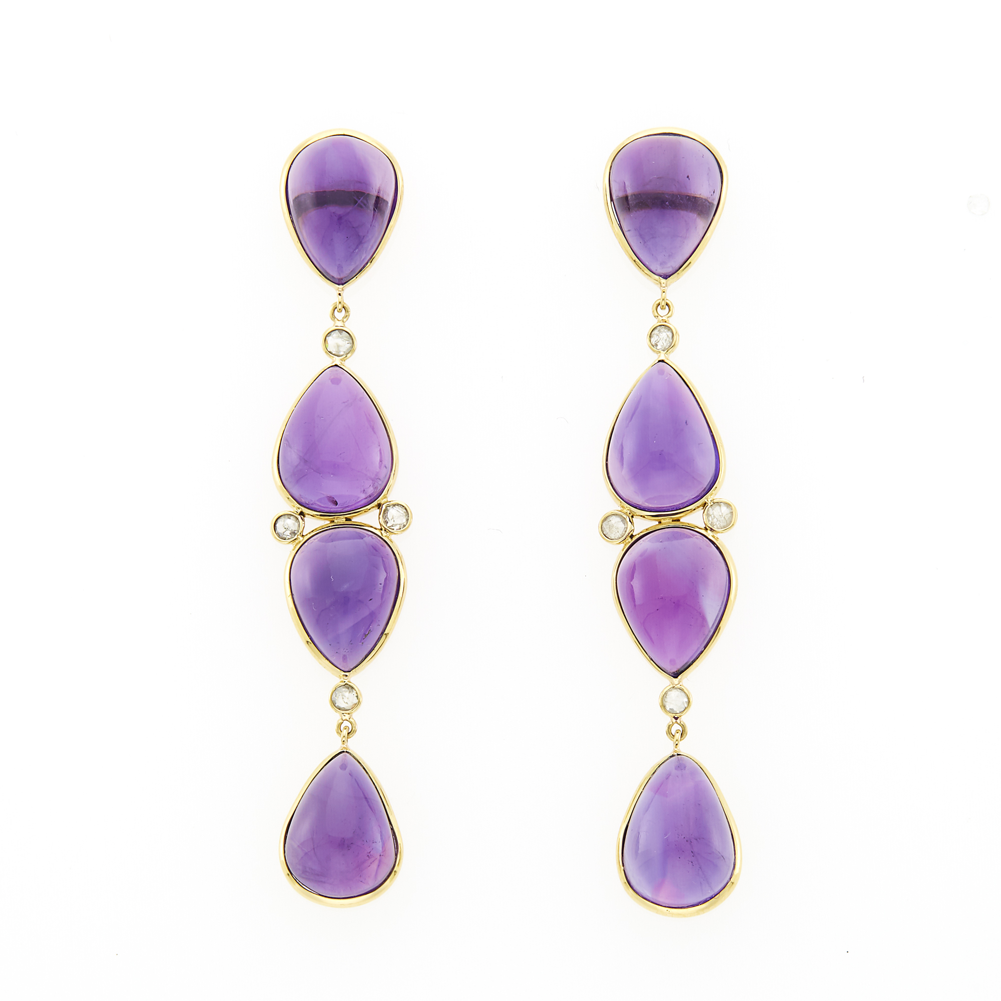 Lot image - Pair of Gold, Cabochon Amethyst and Diamond Pendant-Earrings