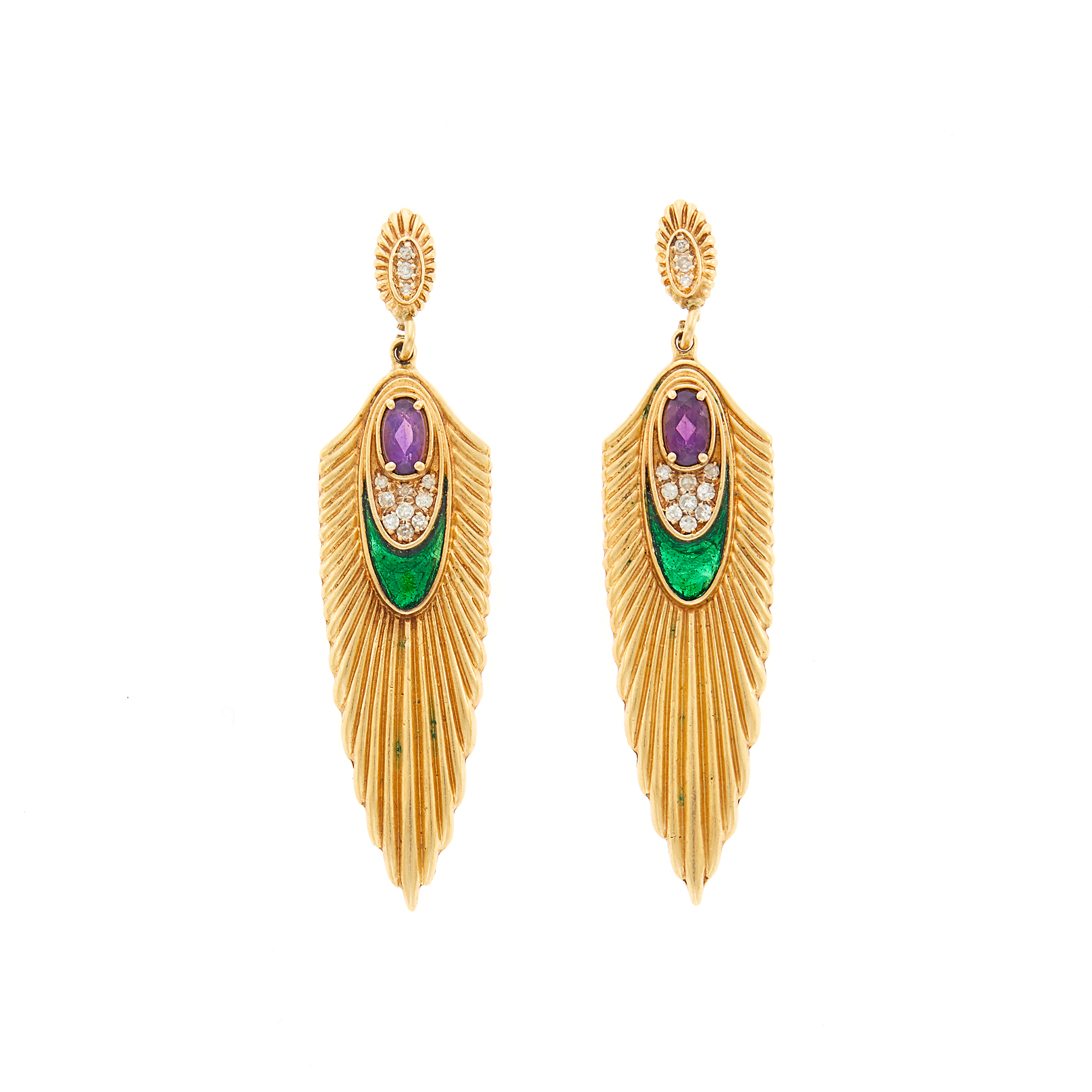 Lot image - Erte Pair of Gold, Green Enamel, Amethyst and Diamond Pendant-Earrings