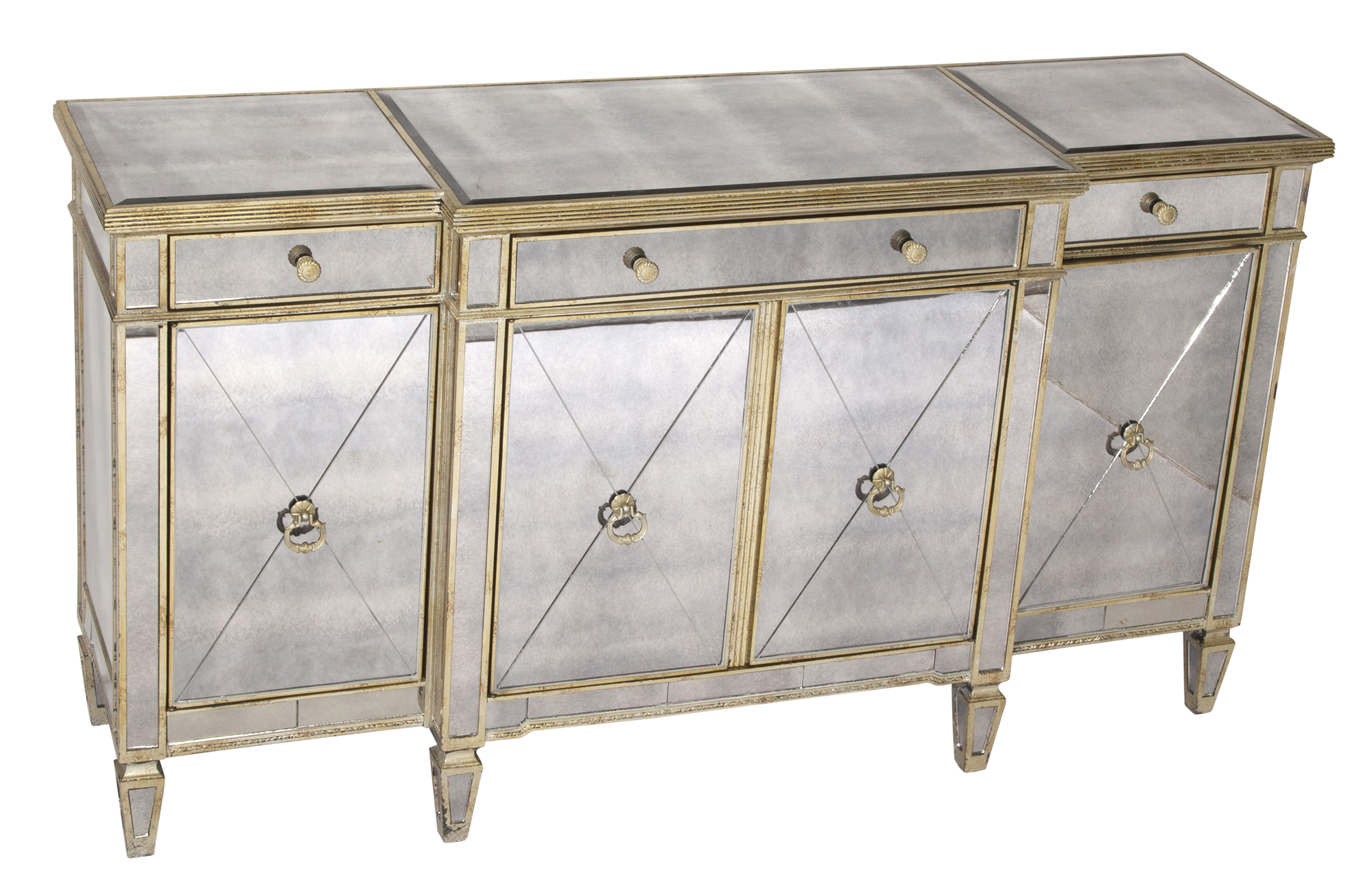 Lot image - Hollywood Regency Style Breakfront-Form Silver Leaf and Mirrored Side Cabinet/Buffet