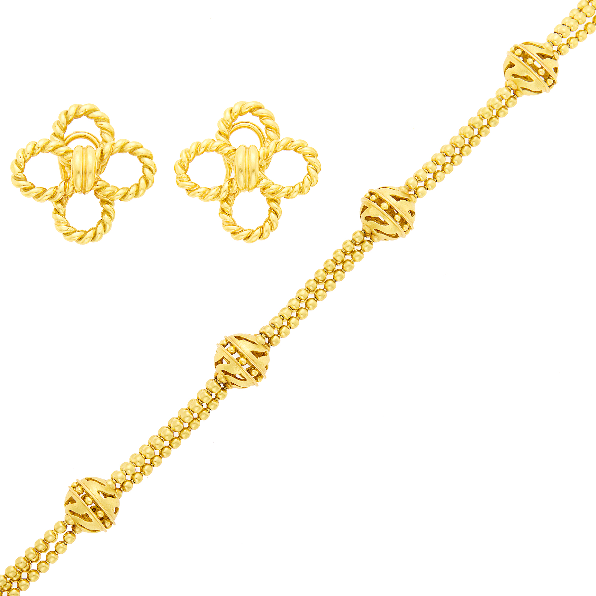 Lot image - Paul Morelli Gold Bead Bracelet and D. Bouzan Pair of Clover Earclips