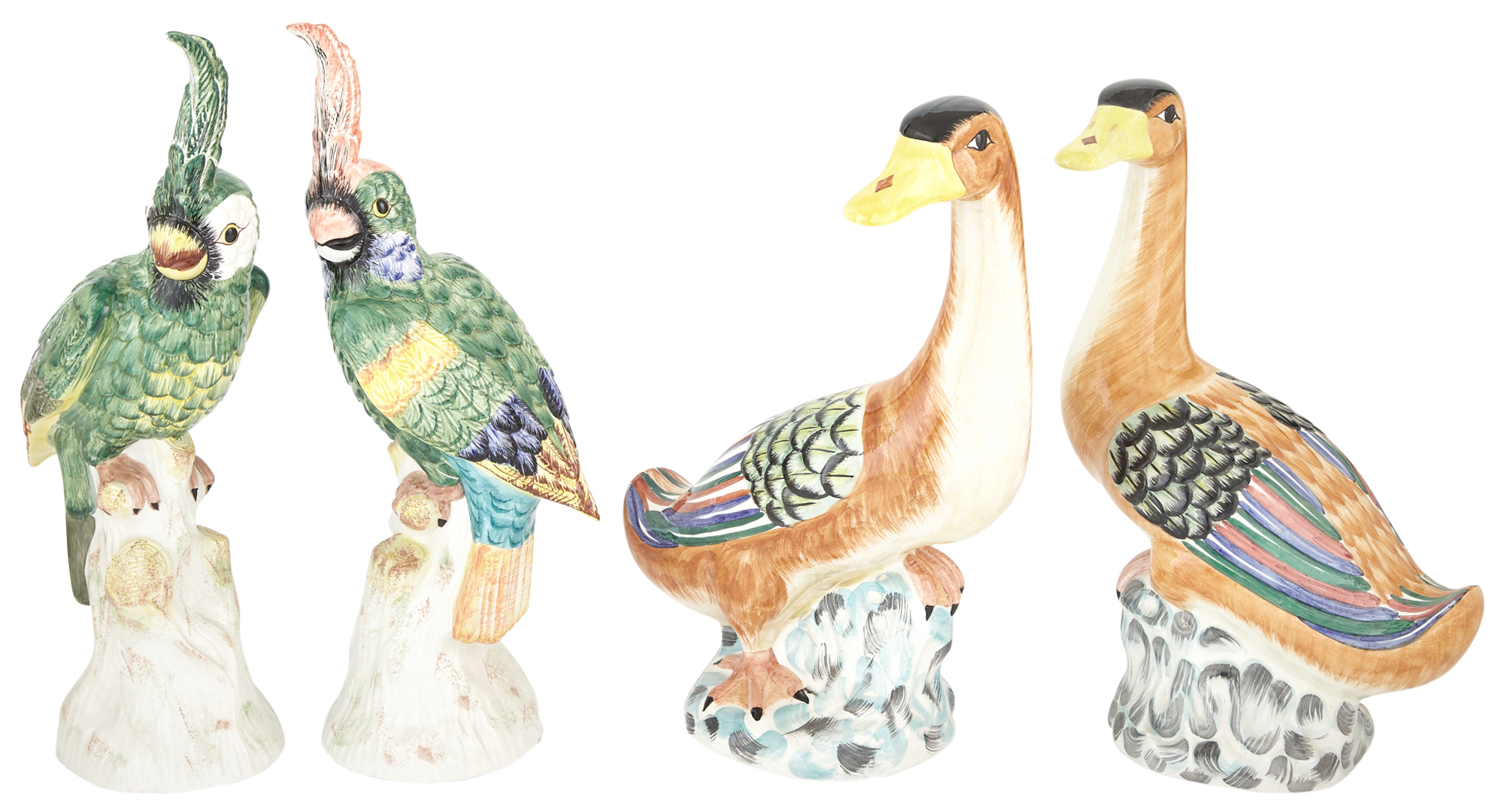 Lot image - Pair of Mottahedeh Polychrome Pottery Ducks and a Pair of Mottahedeh Polychrome Pottery Cockatoos