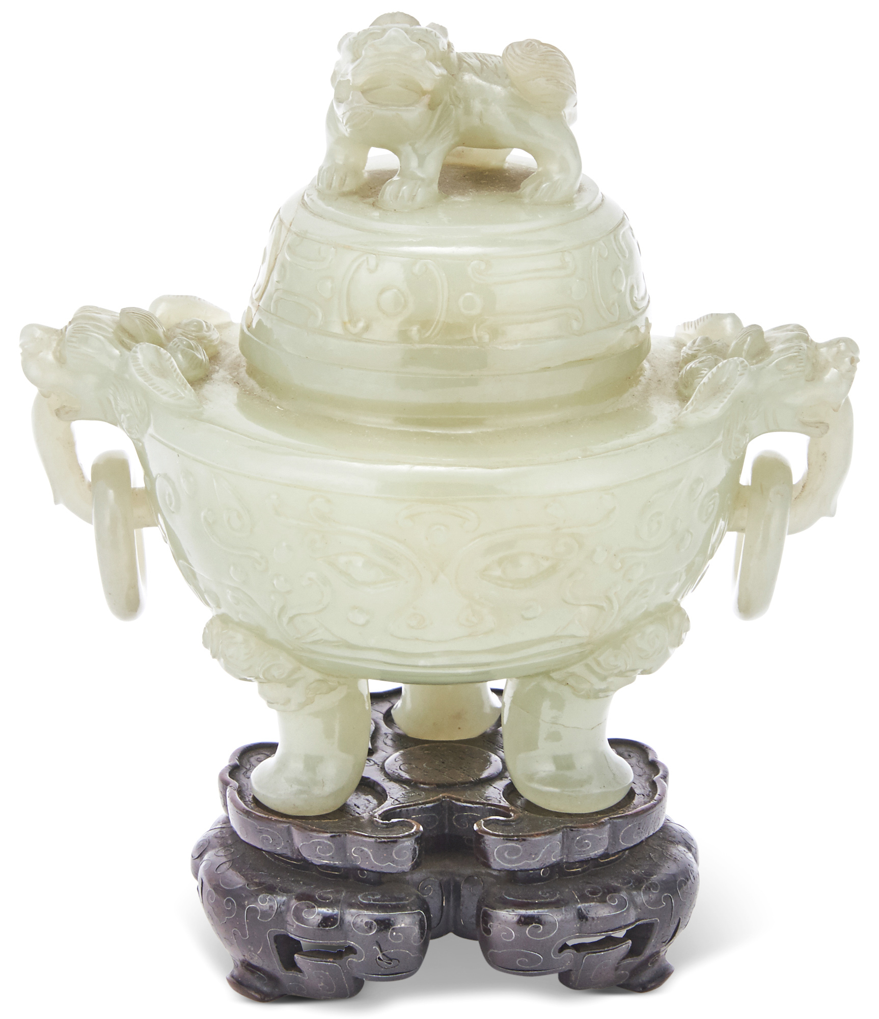 Lot image - A Chinese Celadon Jade Tripod Censer and Cover