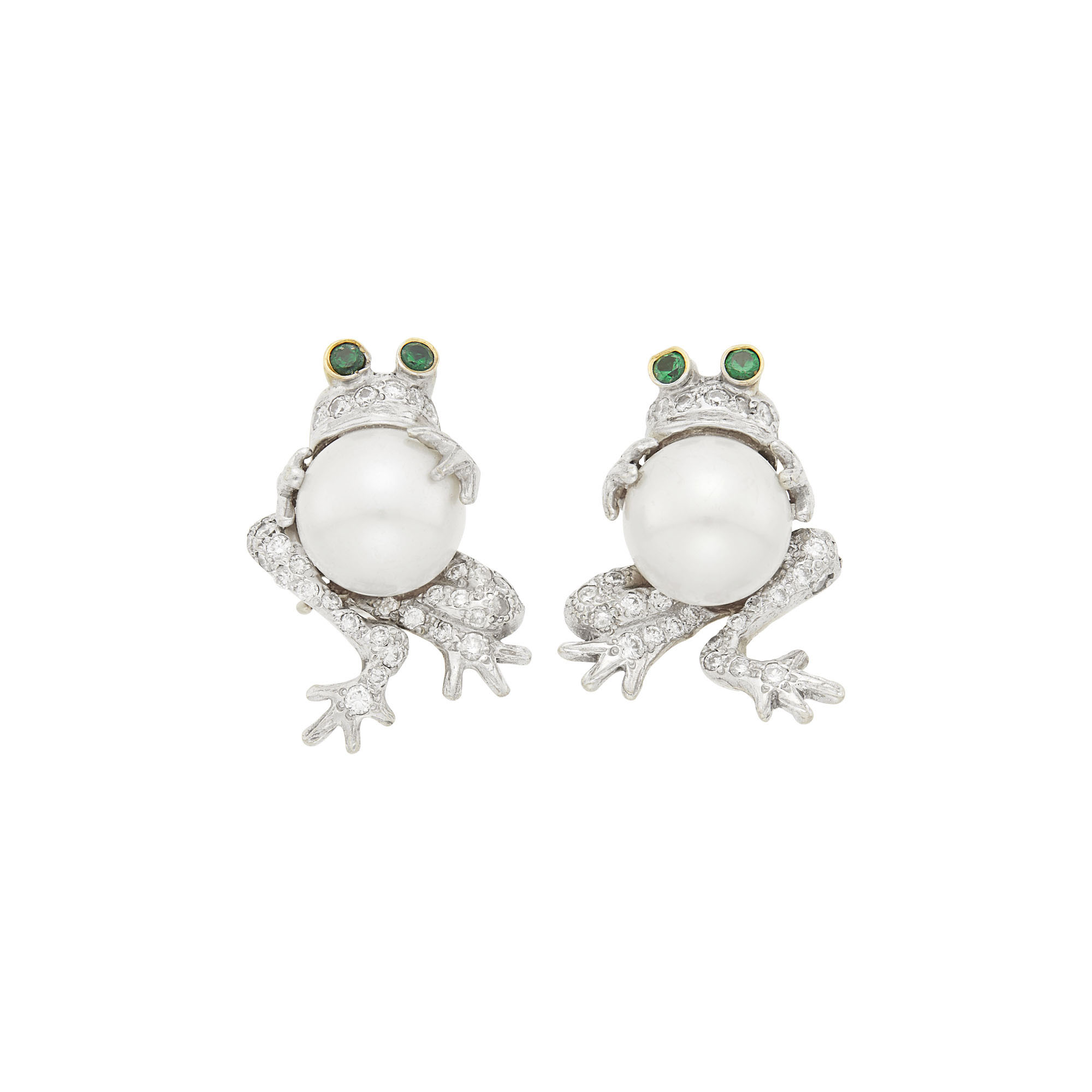Lot image - Pair of Two-Color Gold, Cultured Pearl, Diamond and Emerald Frog Earrings