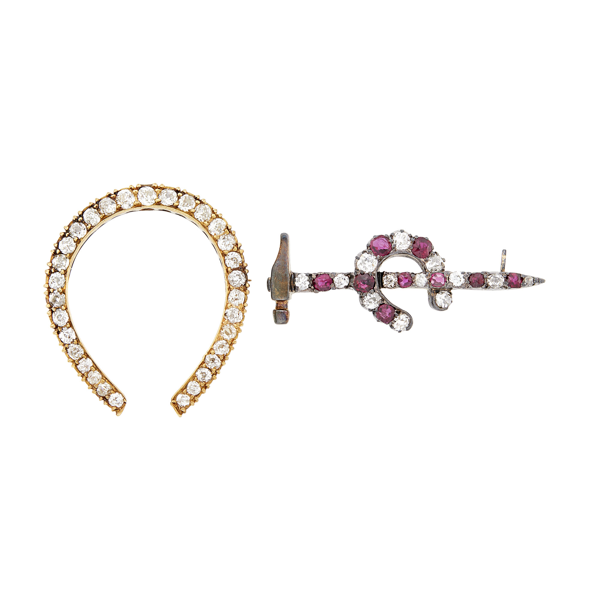 Lot image - Two Gold, Silver, Diamond and Ruby Horseshoe Pins