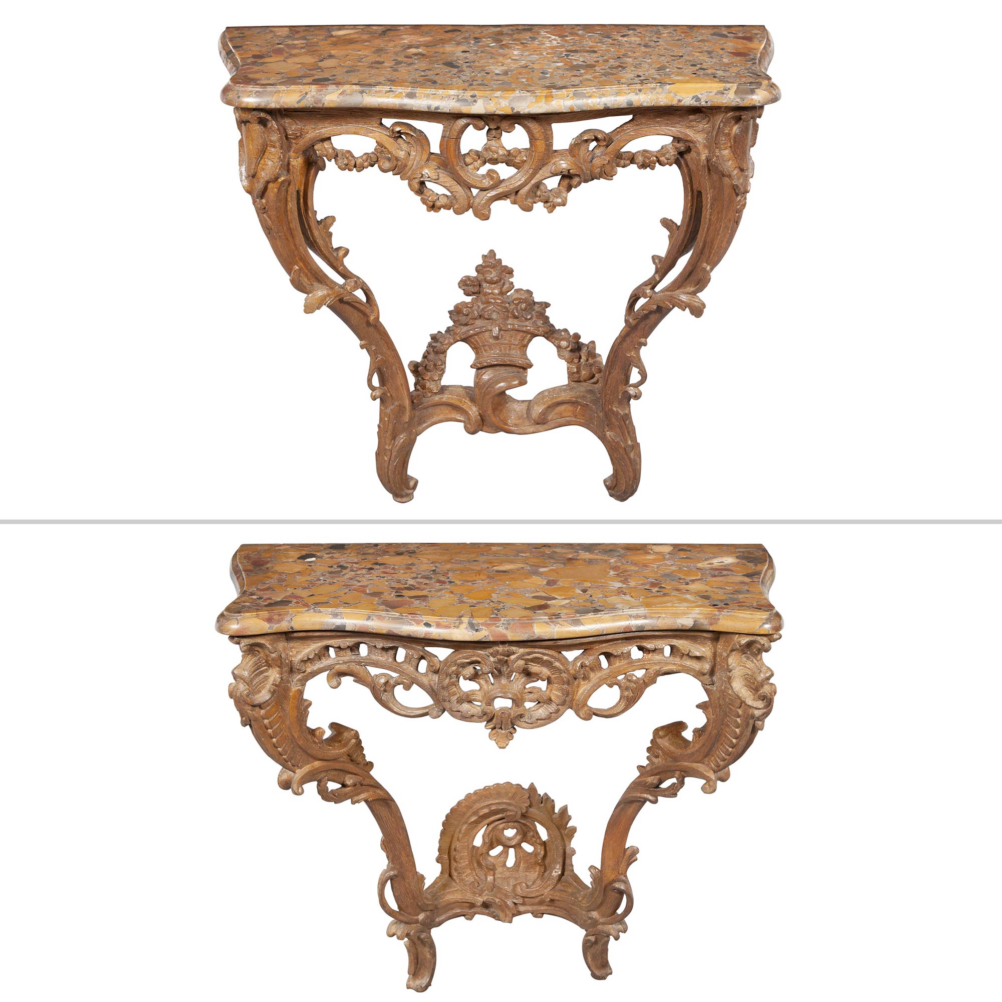 Lot image - Two Similar Louis XV Stripped Oak Console Tables