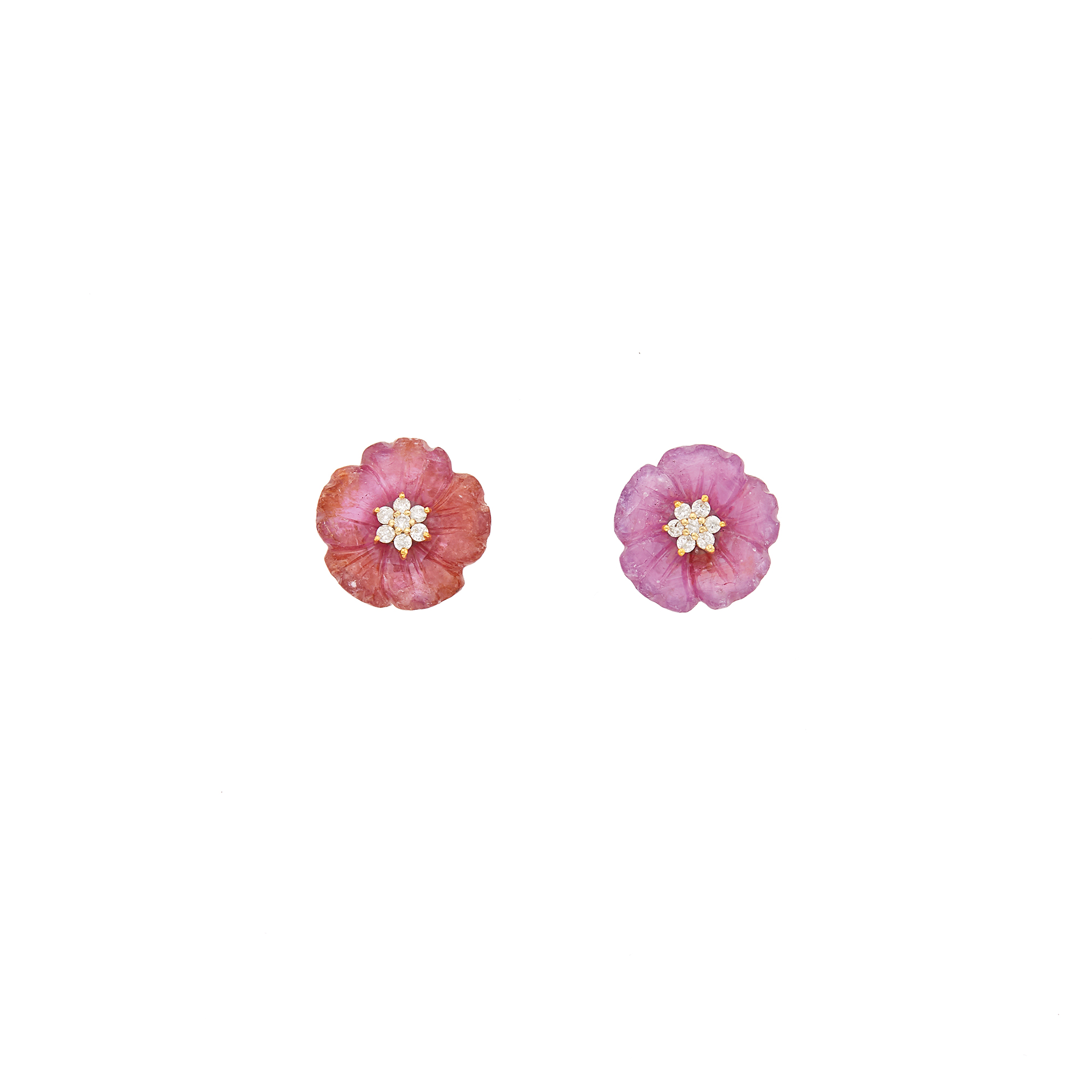 Lot image - Pair of Gold, Carved Pink Sapphire and Diamond Flower Earrings