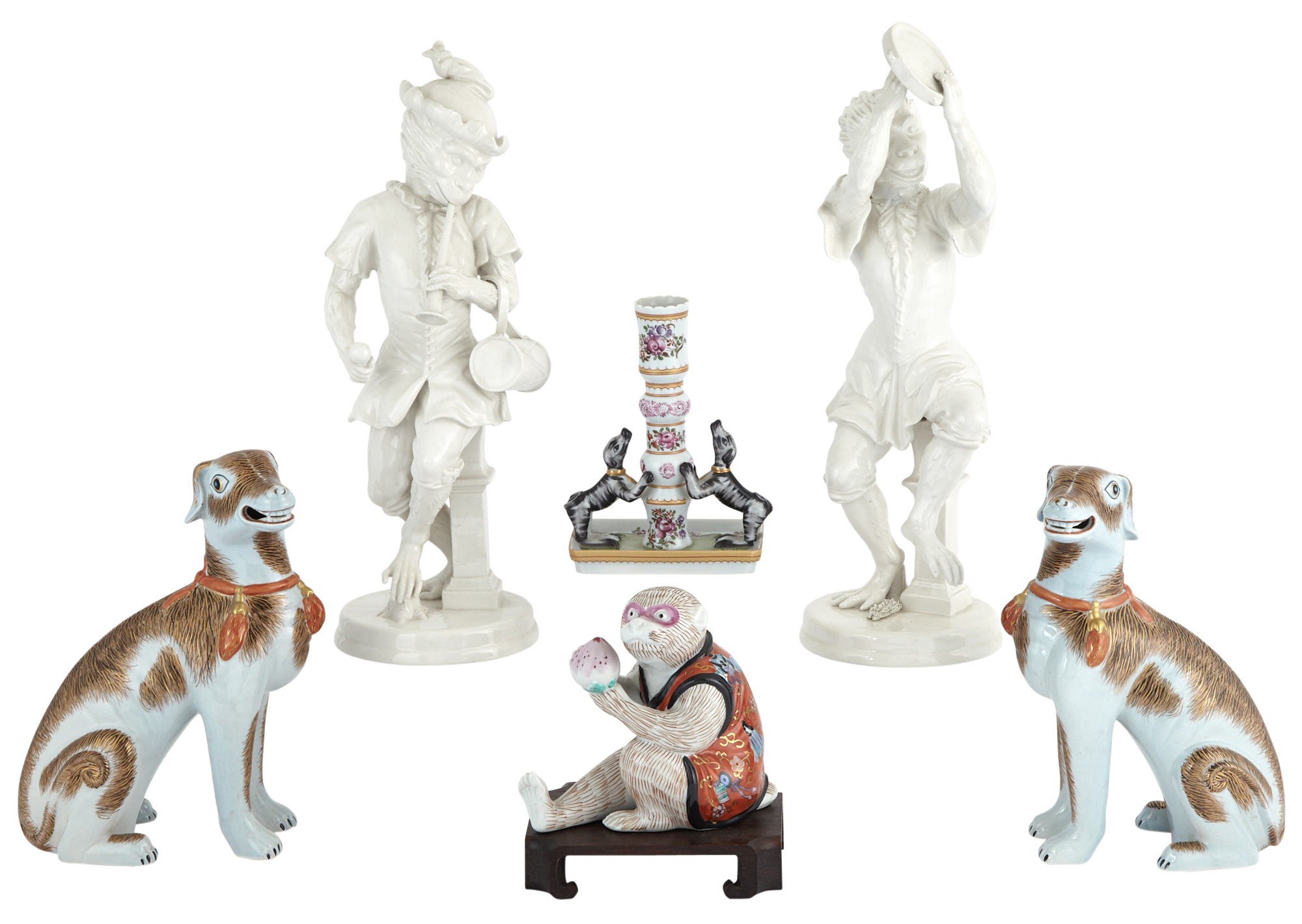 Lot image - Pair of Mottahedeh Blanc de Chine Pottery Monkeys Playing Tambourine and Horn