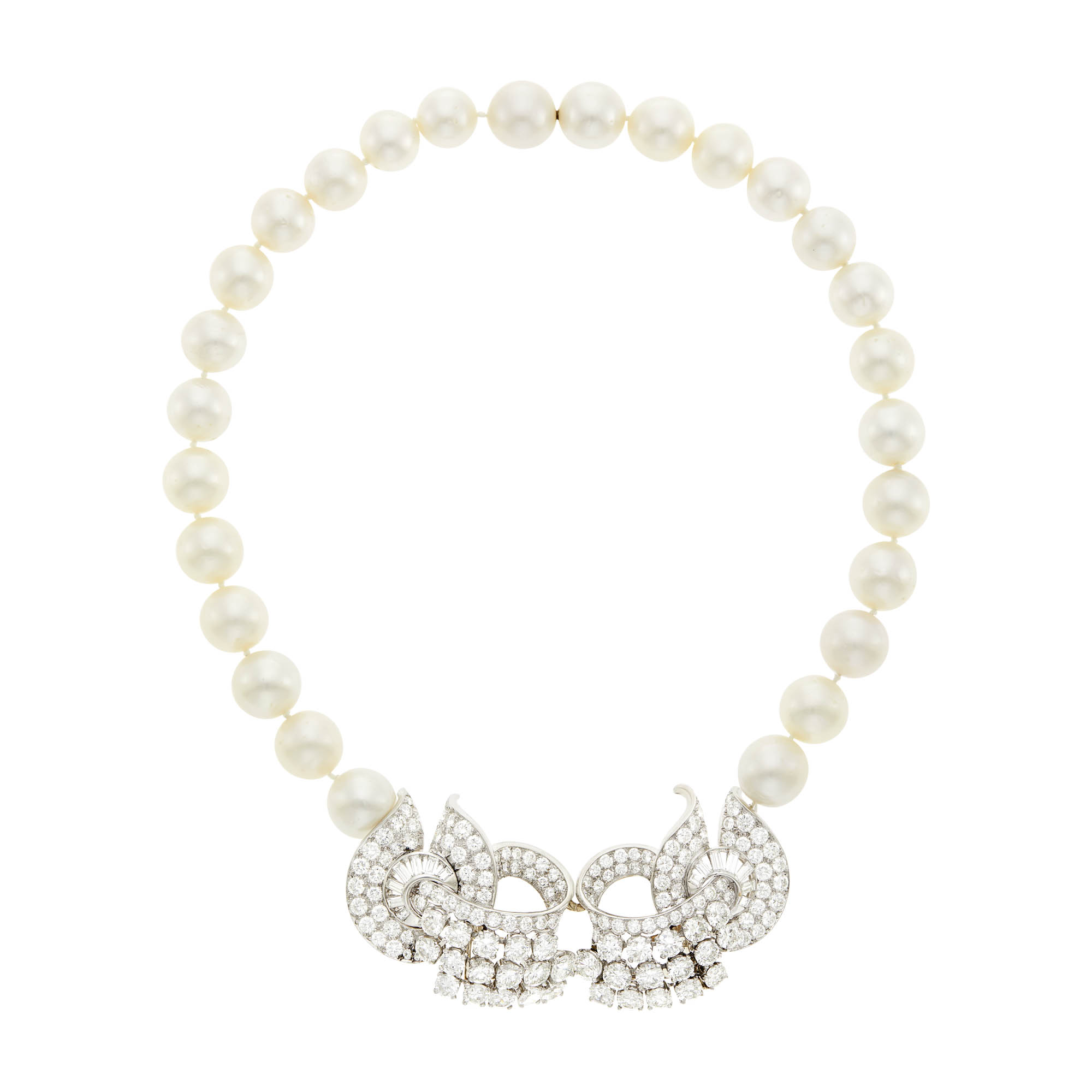 Lot image - South Sea Cultured Pearl, Platinum, White Gold and Diamond Necklace