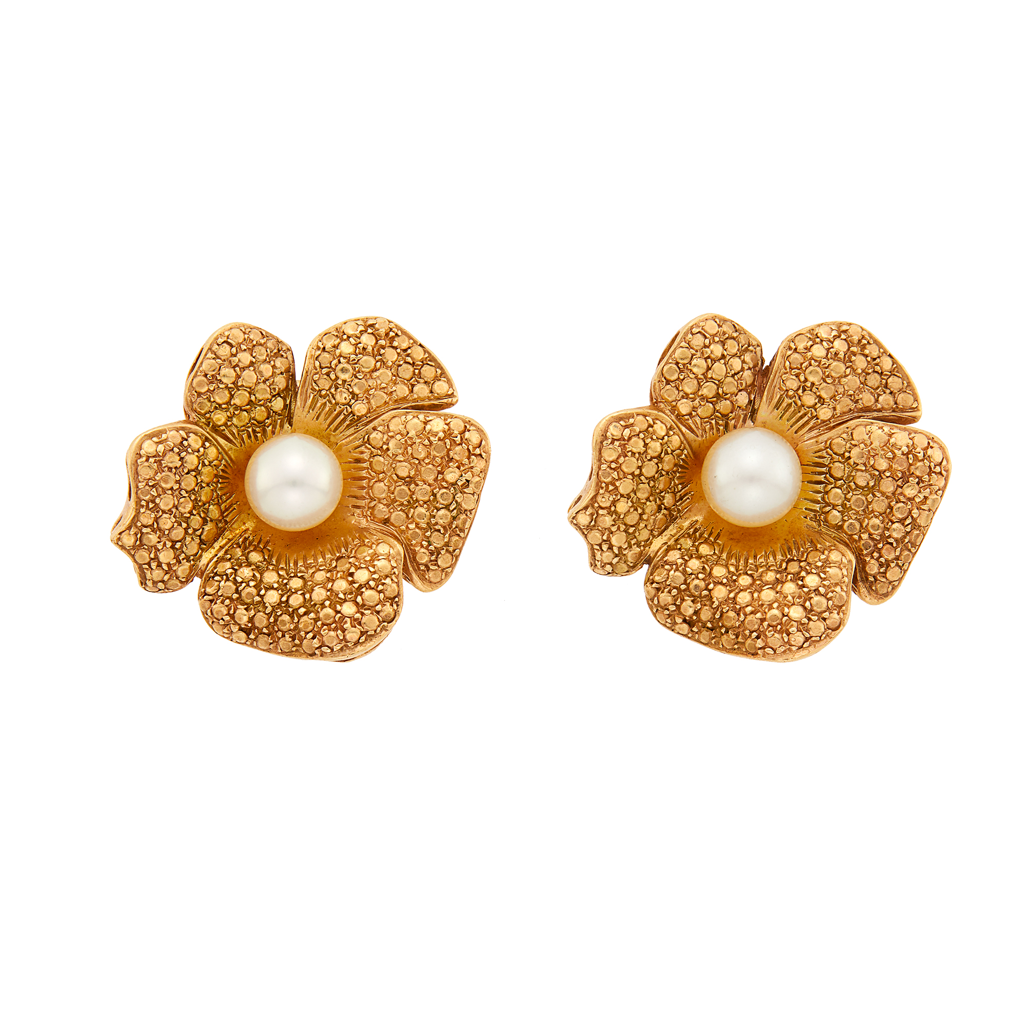 Lot image - Pair of Gold and Cultured Pearl Flower Earclips