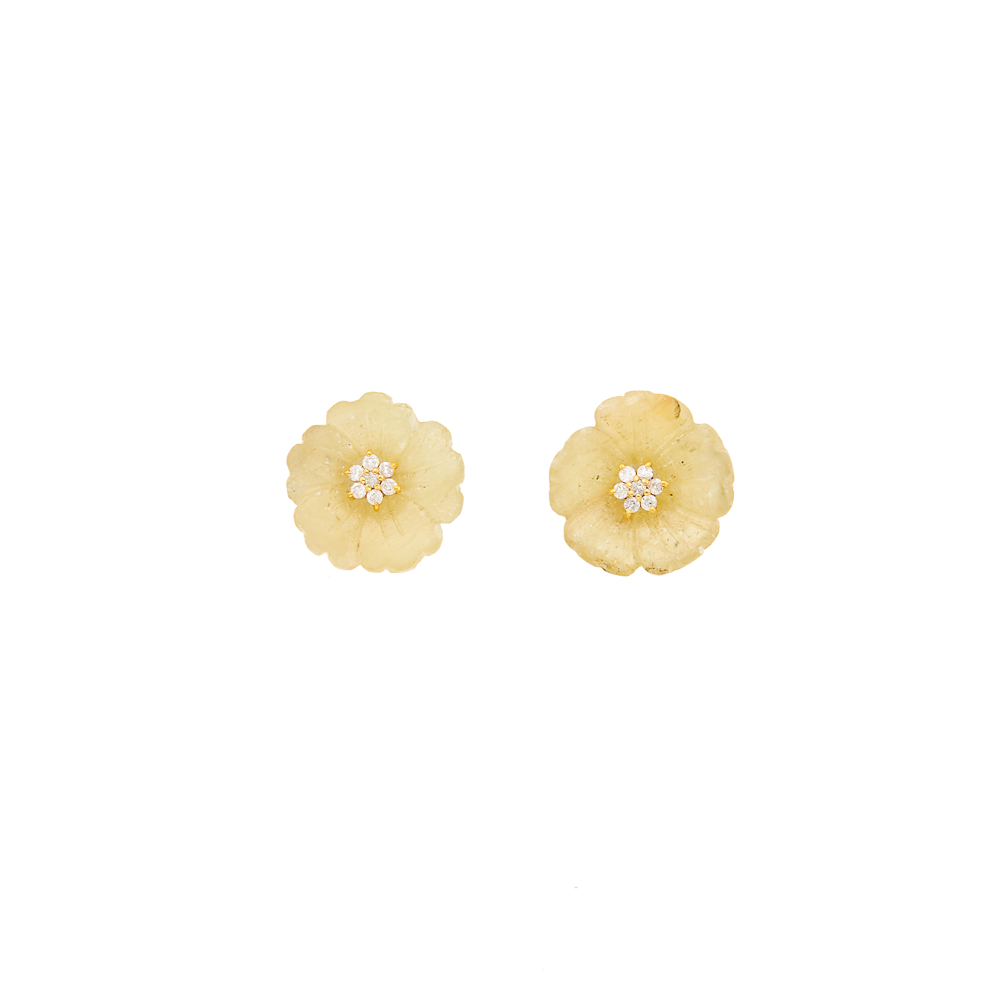 Lot image - Pair of Gold, Carved Yellow Sapphire and Diamond Flower Earrings