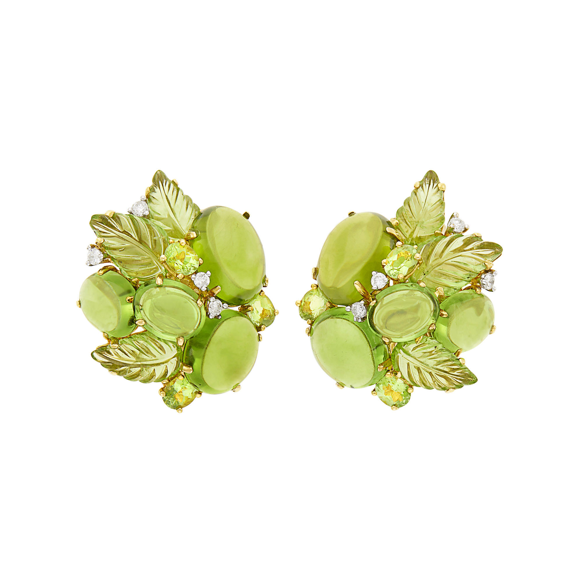 Lot image - Pair of Gold, Peridot and Diamond Cluster Earclips