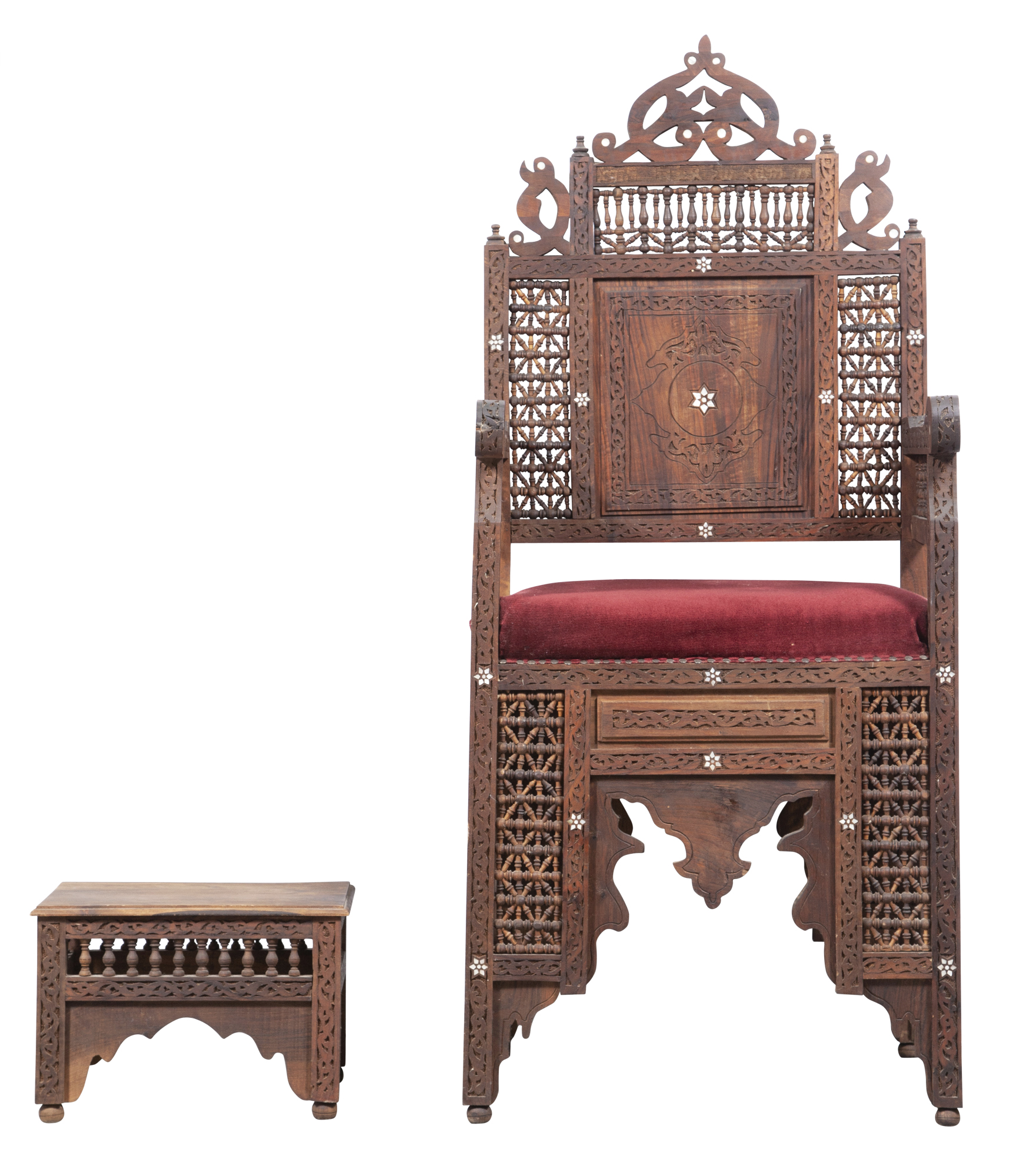 Lot image - Middle Eastern Hardwood Mother-of-Pearl Inlaid Armchair and Associated Stool