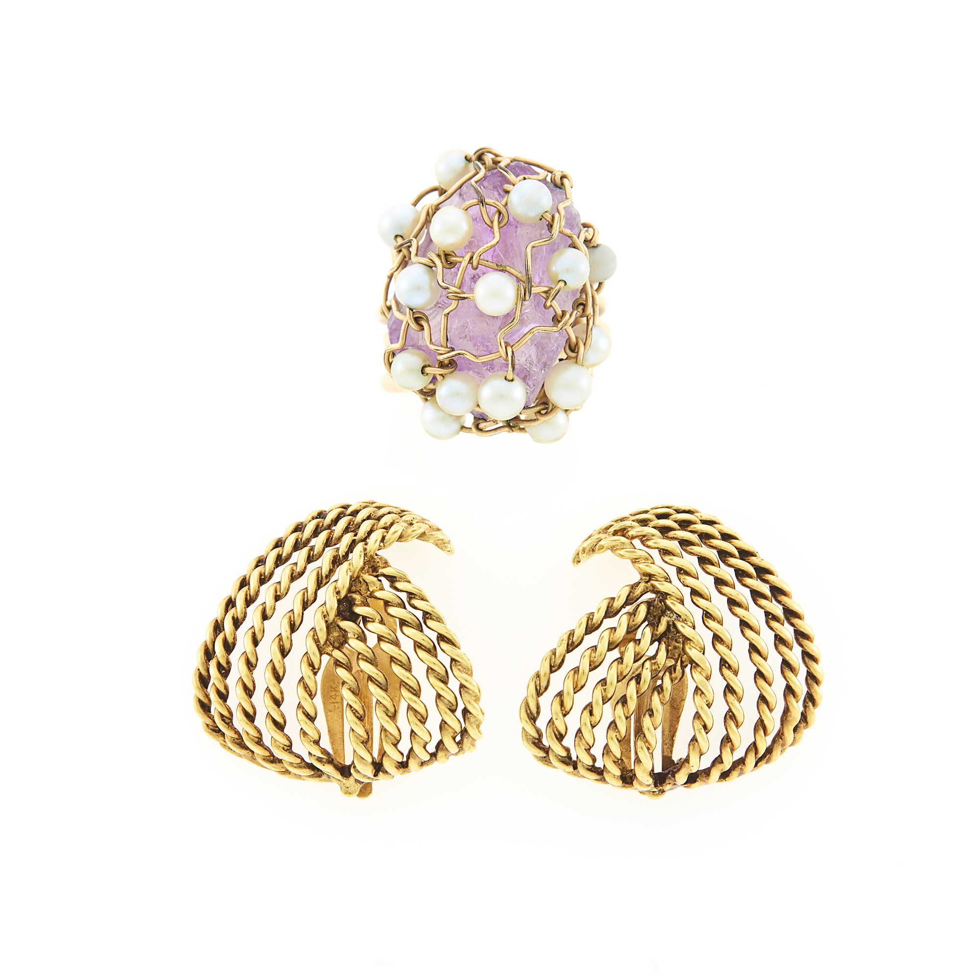 Lot image - Pair of Gold Earclips and Amethyst and Cultured Pearl Ring