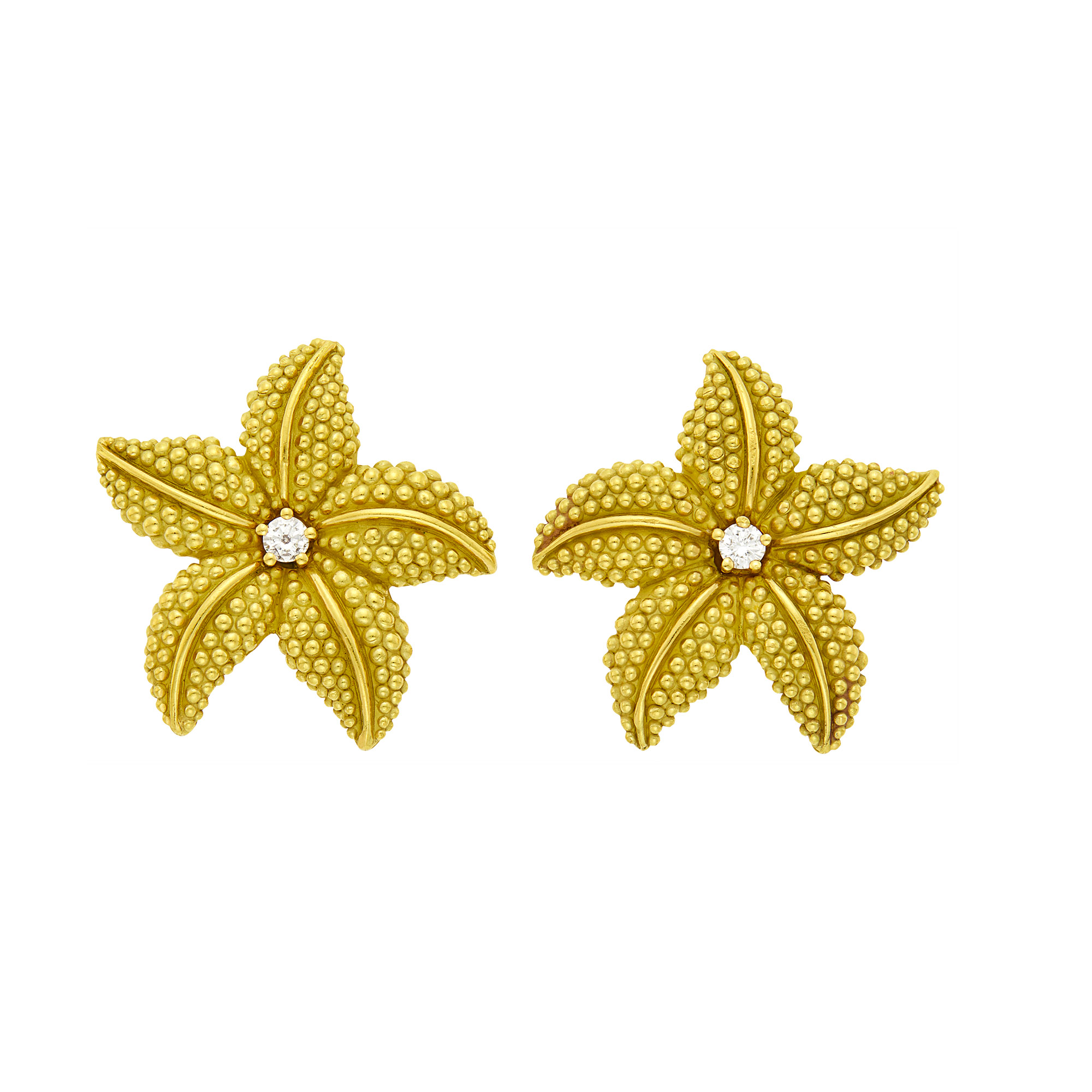 Lot image - Pair of Gold and Diamond Starfish Earclips