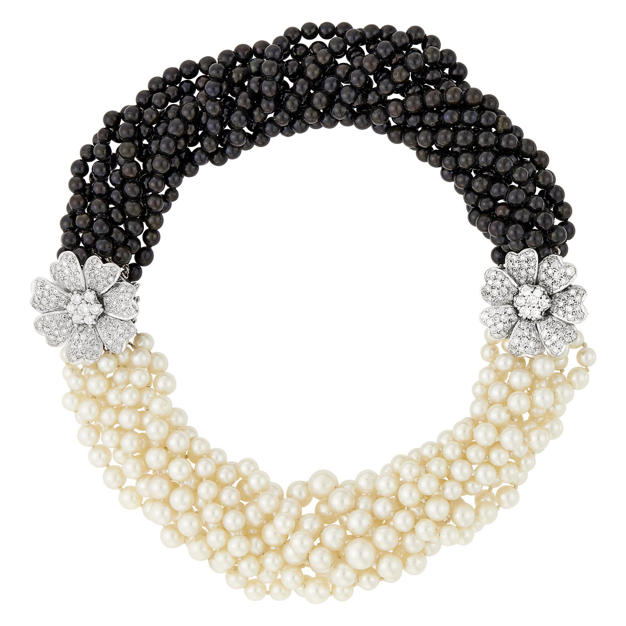 Lot image - Multistrand White and Dyed Black Cultured Pearl, White Gold and Diamond Flower Torsade Necklace/Bracelets/Pins Combination