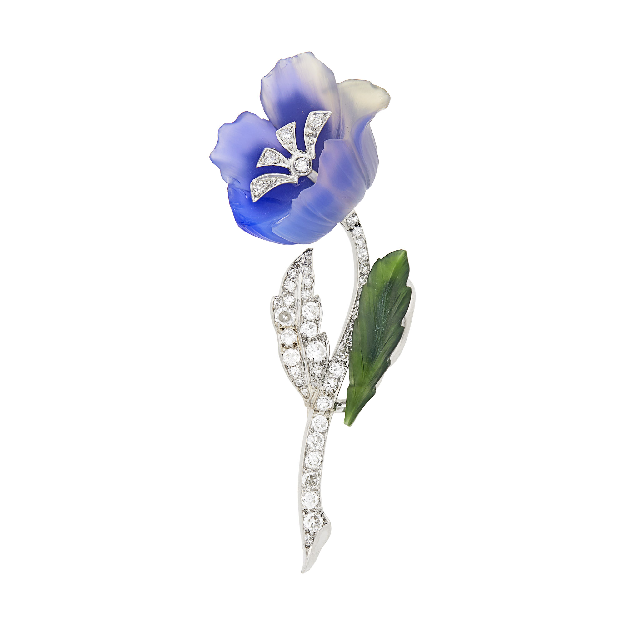 Lot image - Platinum, Carved Frosted Blue Glass and Nephrite and Diamond Flower Brooch