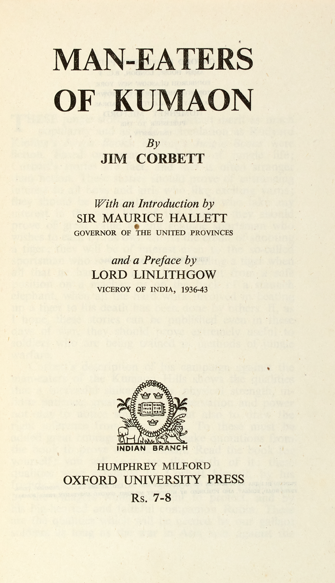 Lot image - [INDIA-HUNTING]  CORBETT, JIM. Man-Eaters of Kumaon.