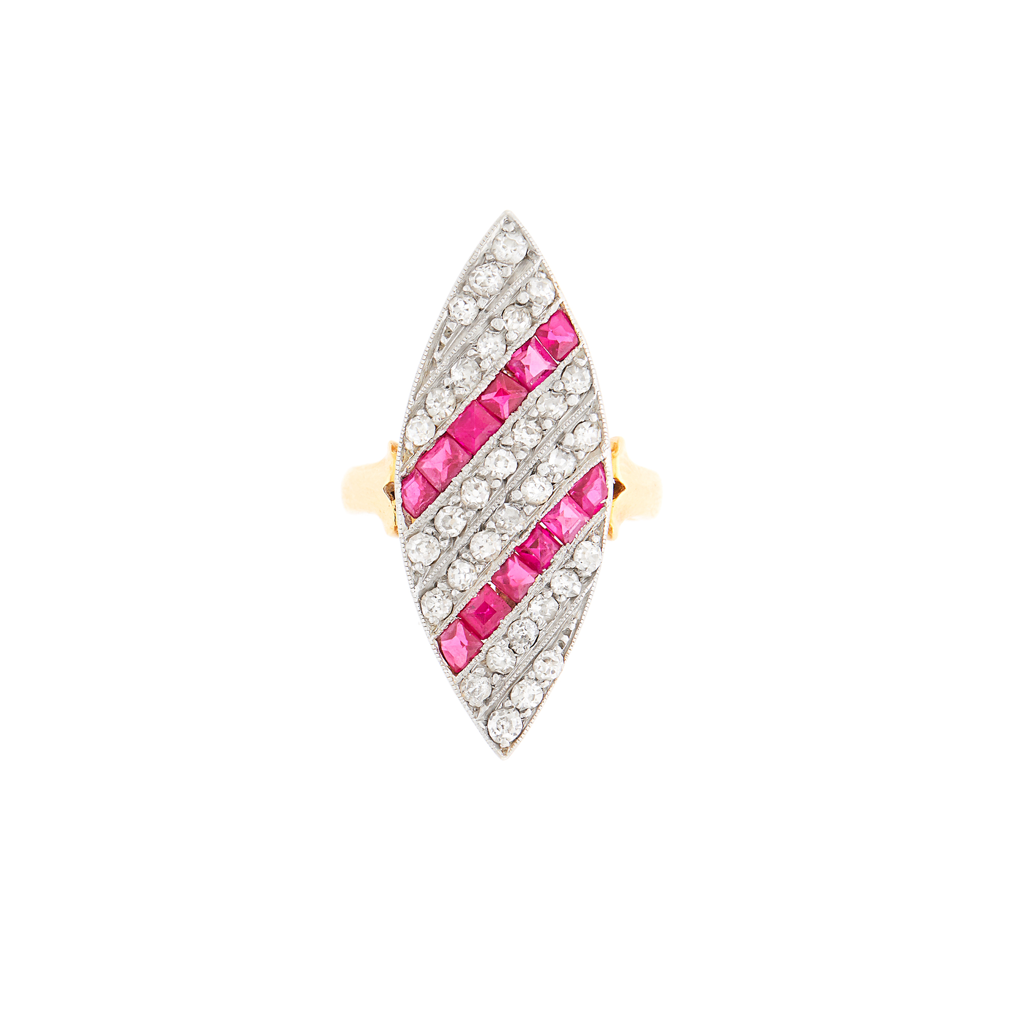 Lot image - Gold, Platinum, Synthetic Ruby and Diamond Ring