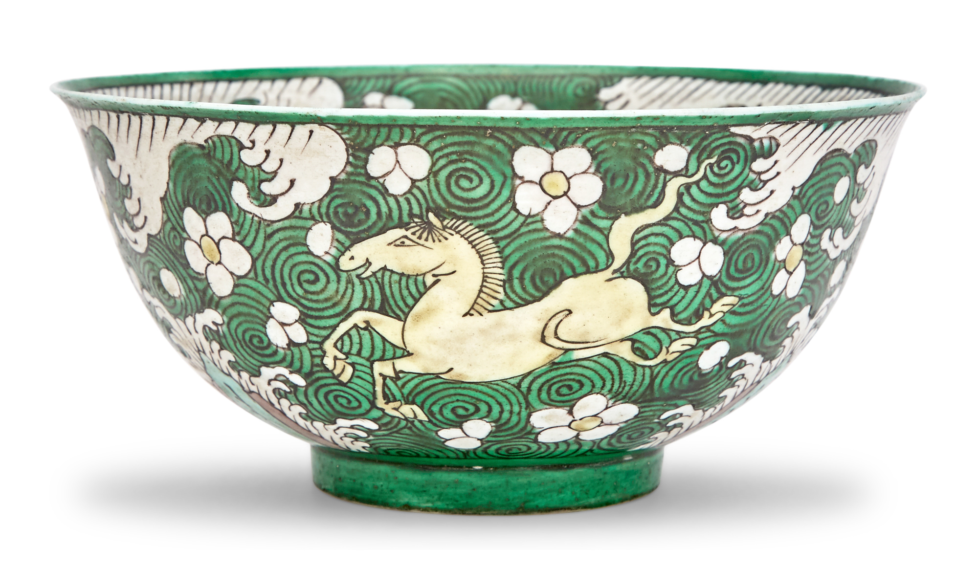 Lot image - A Chinese Green Ground Porcelain Leaping Horses Bowl