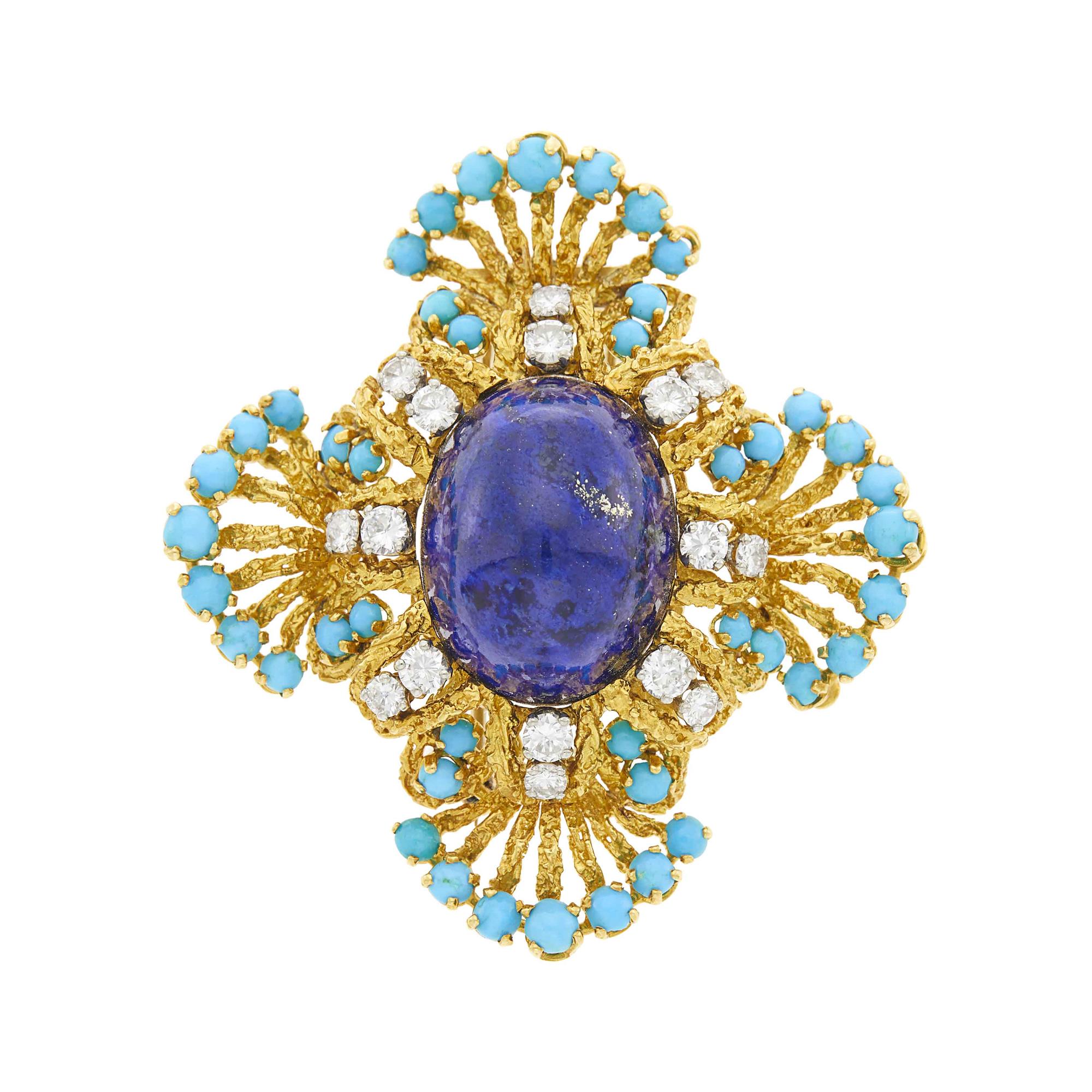 Lot image - Gold, Lapis, Turquoise and Diamond Pendant Clip-Brooch