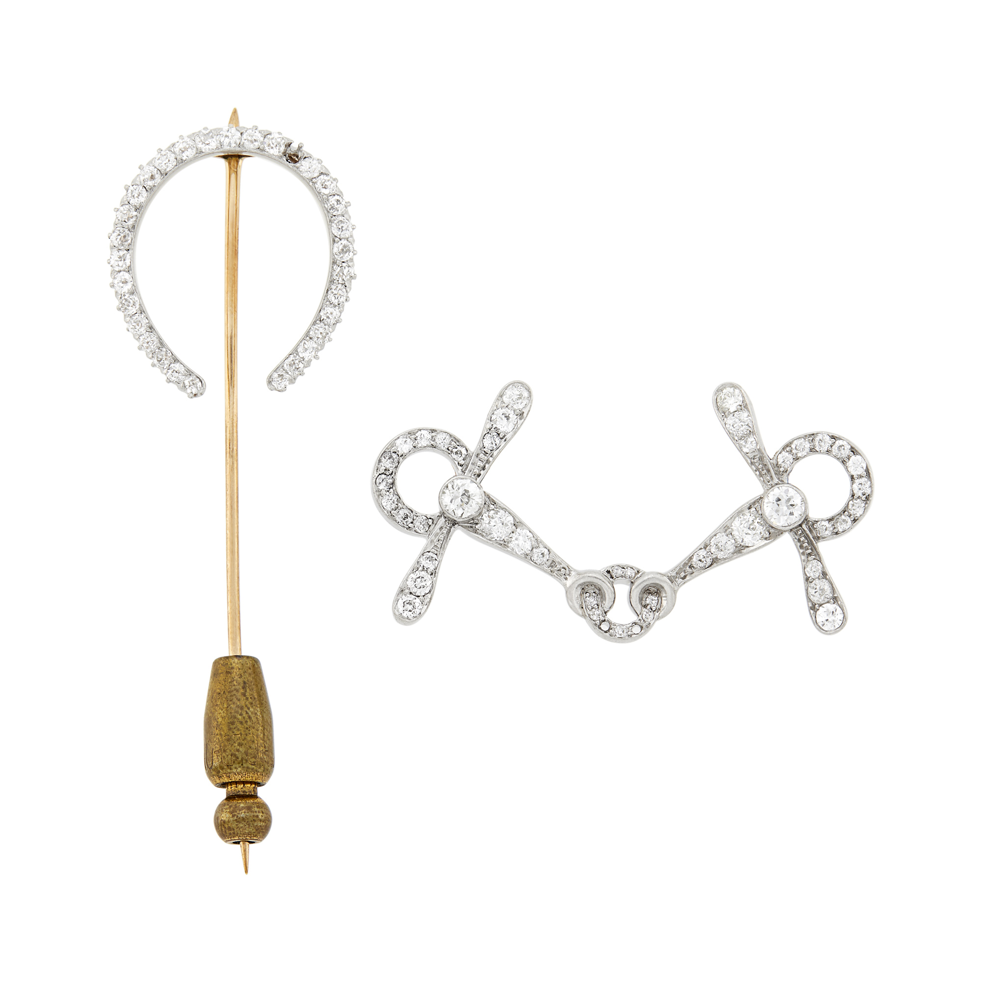 Lot image - Gold and Diamond Horseshoe Stick Pin and Horsebit Pin