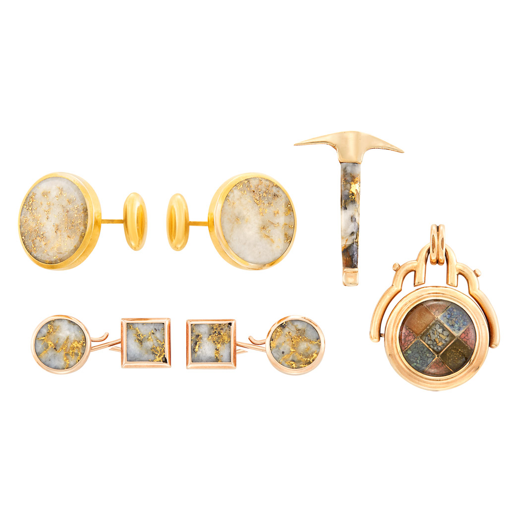 Lot image - Two-Color Gold, Gold-Plated and Gold-Veined Quartz Fob Pendant, Miner's Pic Tie Pin and Two Pairs of Cufflinks