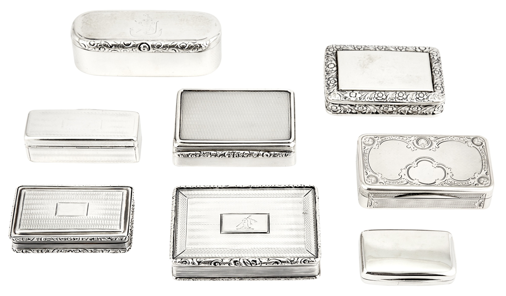 Lot image - Seven English Sterling Silver Snuff Boxes