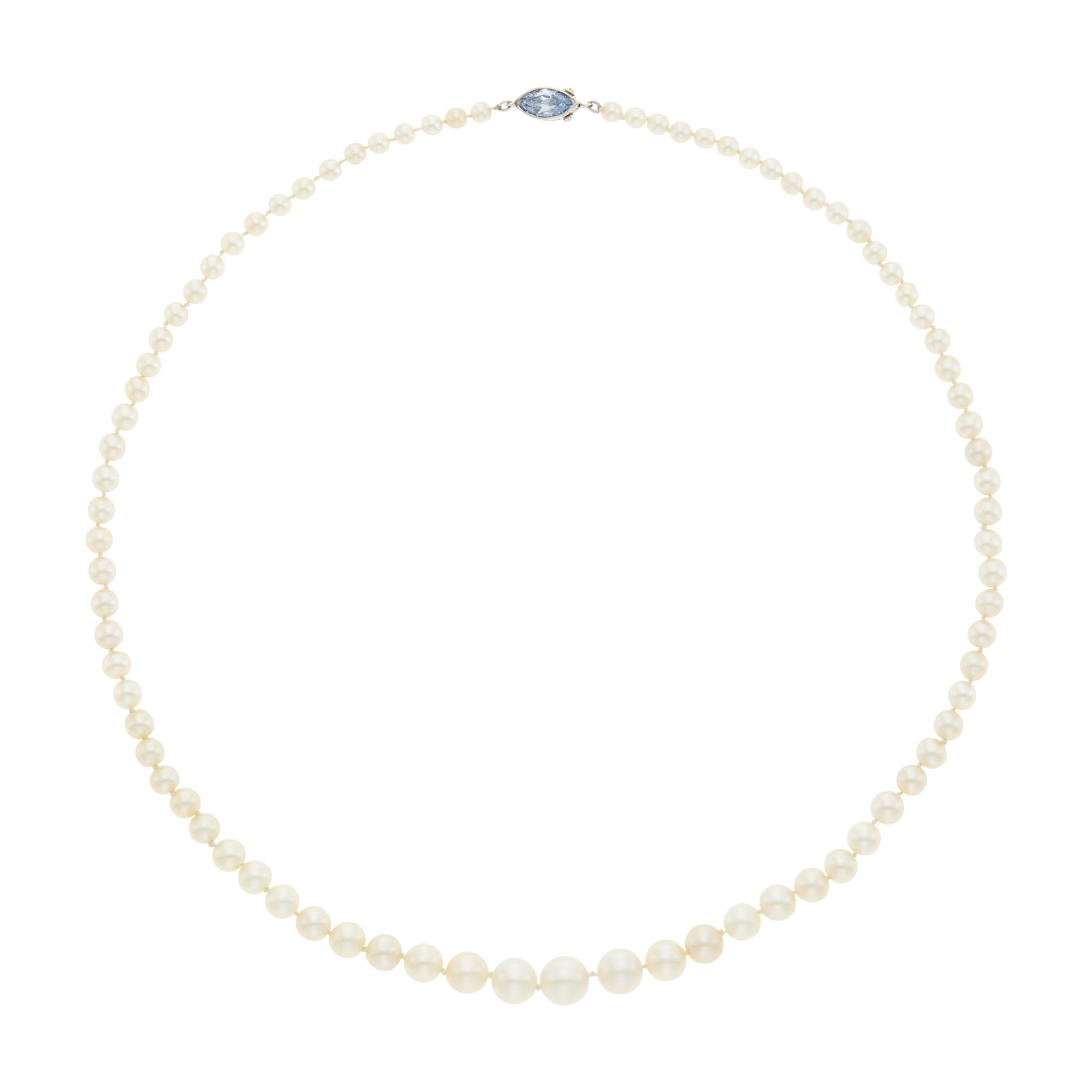 Lot image - Natural Pearl Necklace with Platinum and Fancy Intense Blue Diamond Clasp