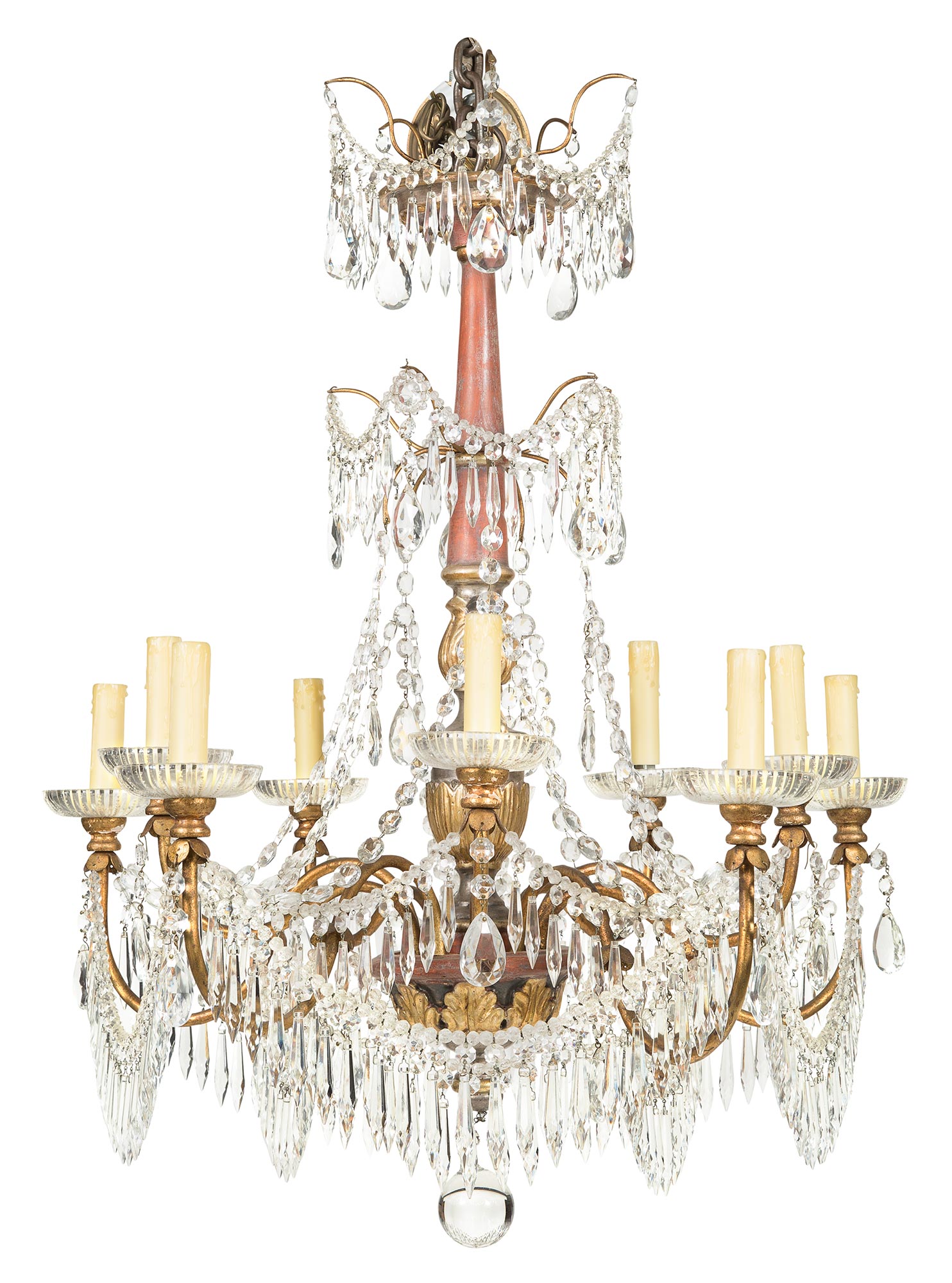 Lot image - Continental Cut-Glass, Giltwood and Part-Painted Ten-Light Chandelier
