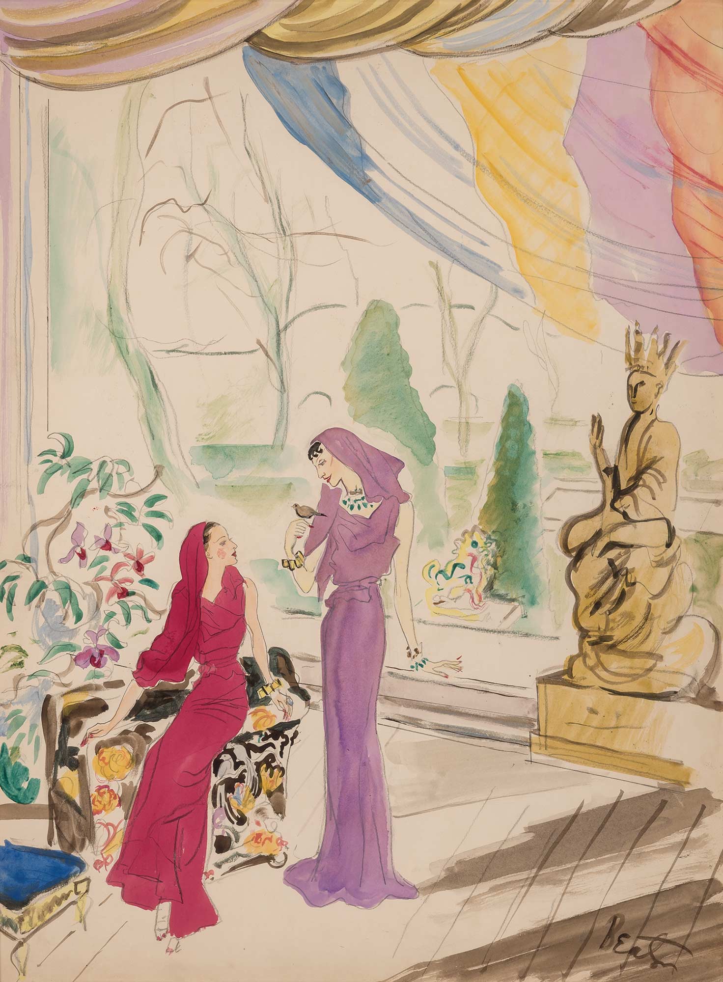Lot image - Cecil Beaton (1904-1980)  Original watercolor depicting two women in an interior.