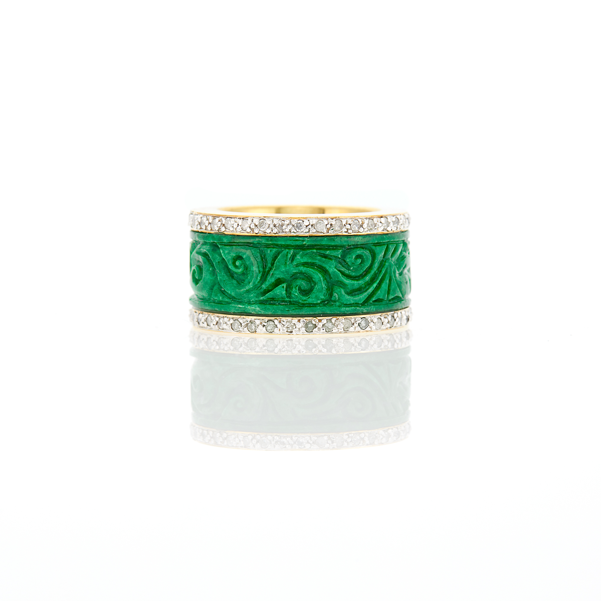 Lot image - Two-Color Gold, Carved Jade and Diamond Band Ring