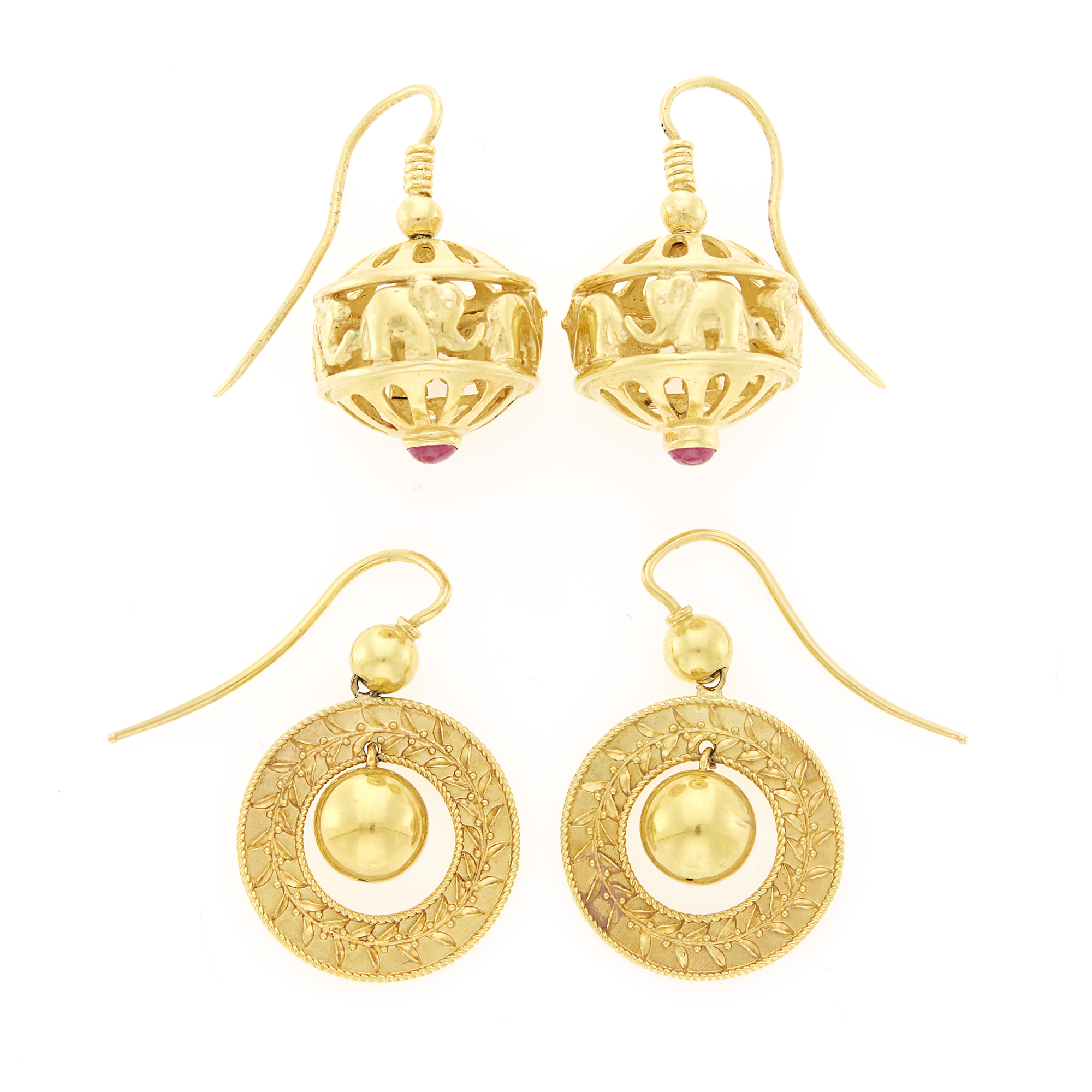 Lot image - Two Pairs of Gold Pendant-Earrings