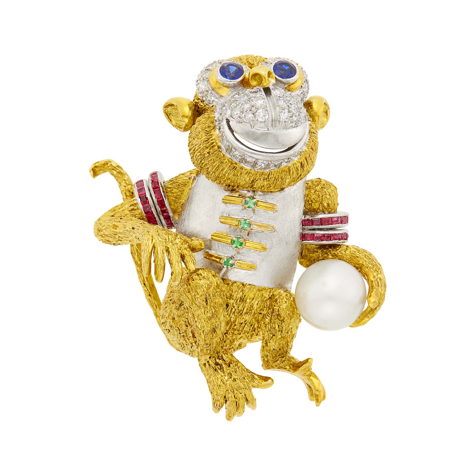 Lot image - Two-Color Gold, Diamond, Gem-Set and Cultured Pearl Circus Monkey Brooch