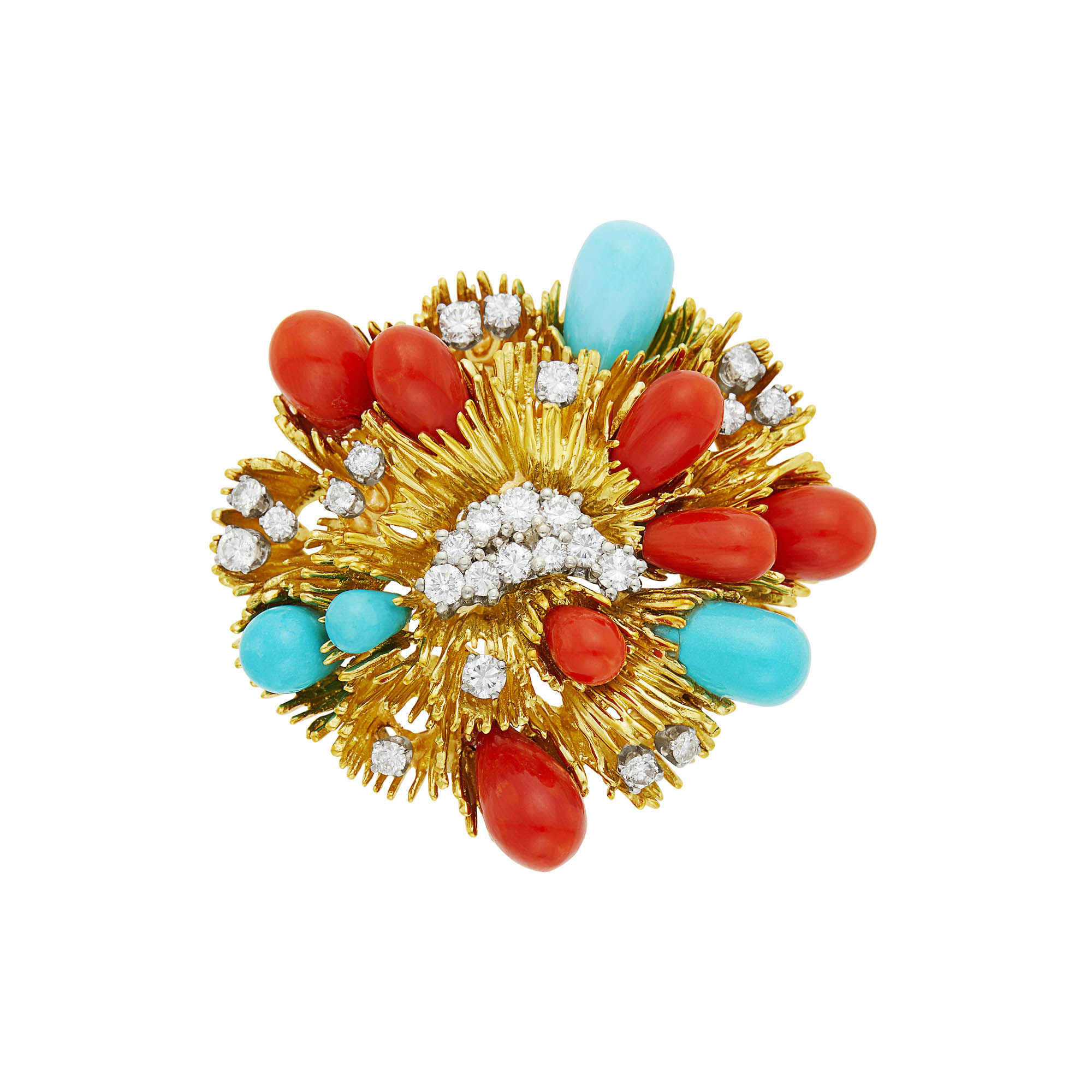 Lot image - Tiffany & Co. Gold, Platinum, Diamond, Coral and Turquoise Clip-Brooch