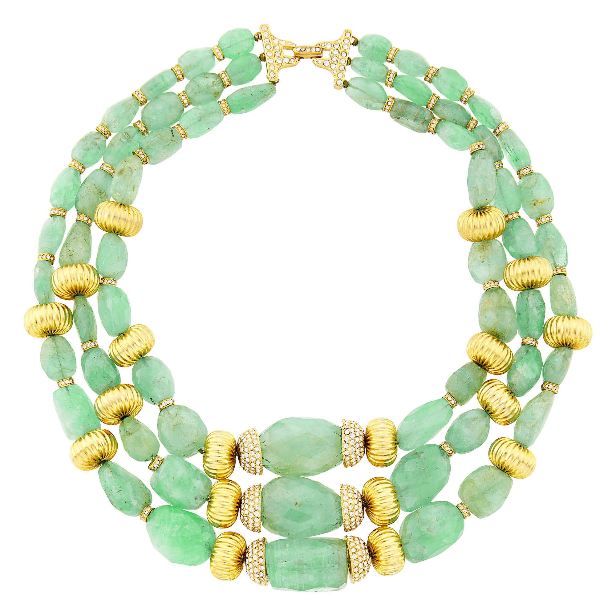 Lot image - Triple Strand Emerald Bead, Gilt-Metal and Paste Necklace