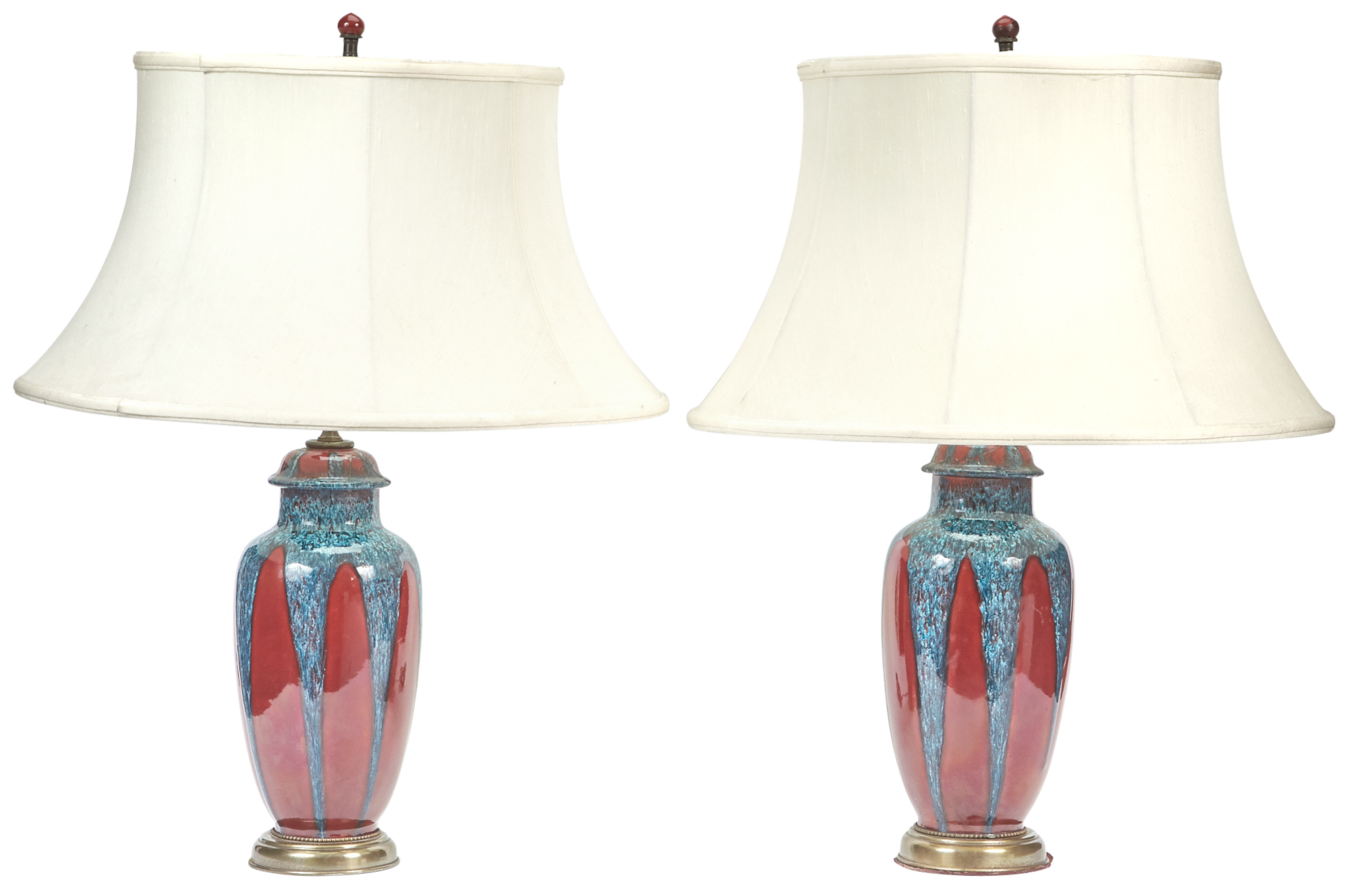 Lot image - Pair of Flambé Glazed Ceramic Covered Jars Mounted as Lamps