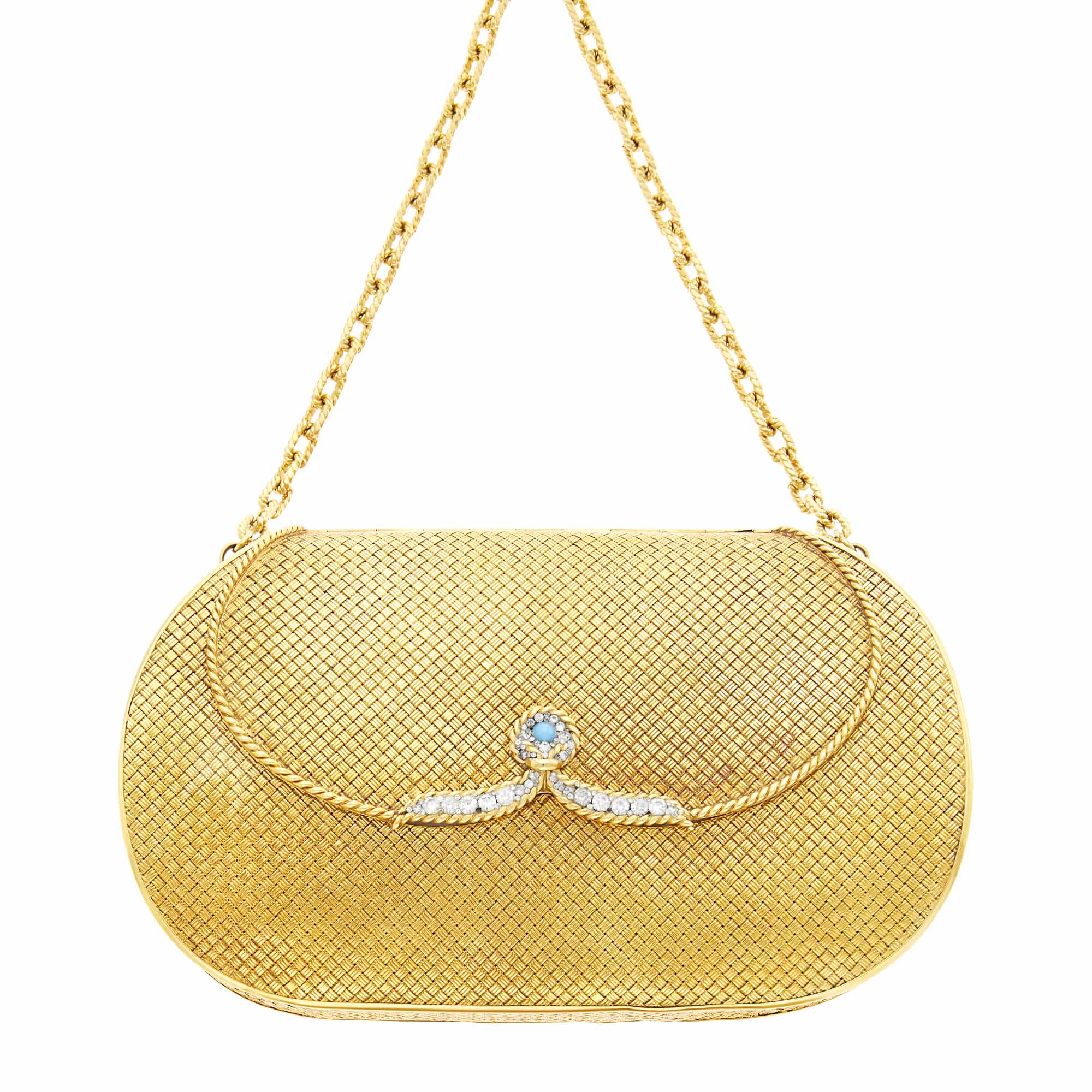 Lot image - Gold, Simulated Diamond and Turquoise Mesh Bag with Gilt-Metal Chain
