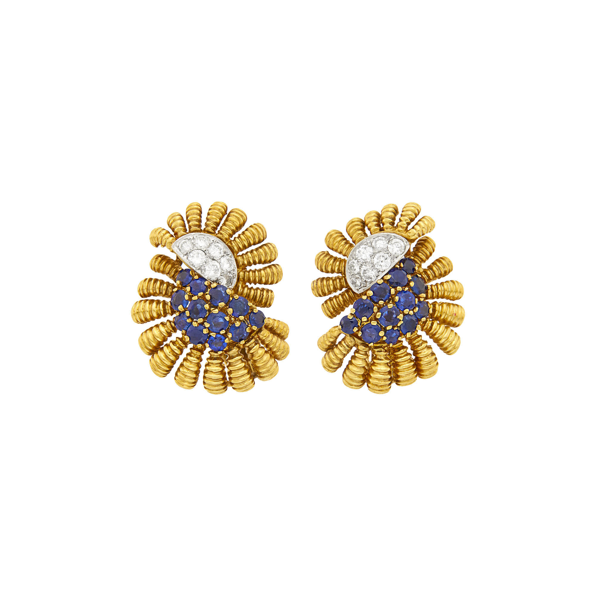 Lot image - Tiffany & Co. Pair of Two-Color Gold, Diamond and Sapphire Earclips
