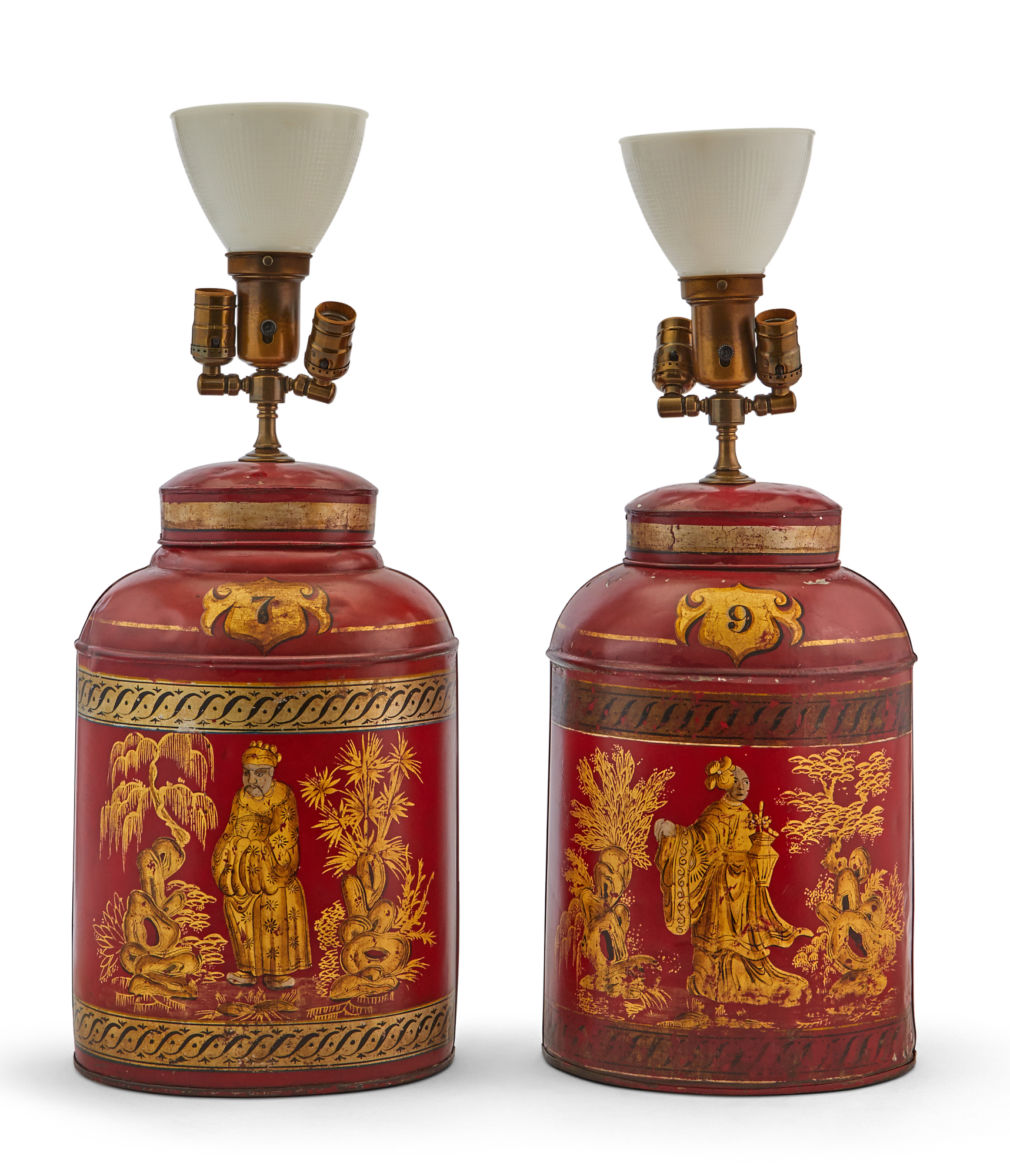 Lot image - Pair of Gilt-Decorated Red Tole Tea Canister Lamps