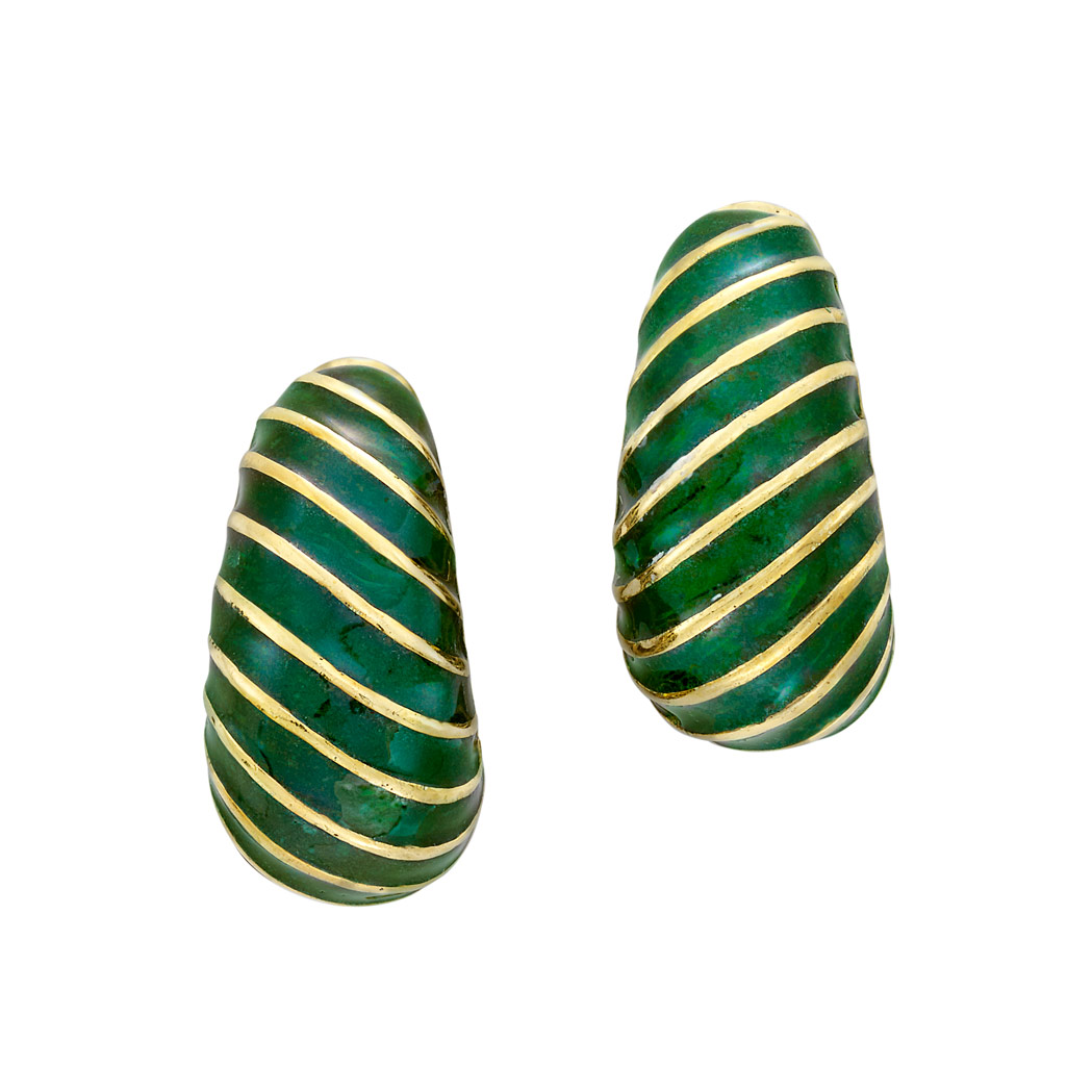 Lot image - Pair of Gold and Green Enamel Hoop Earclips, David Webb