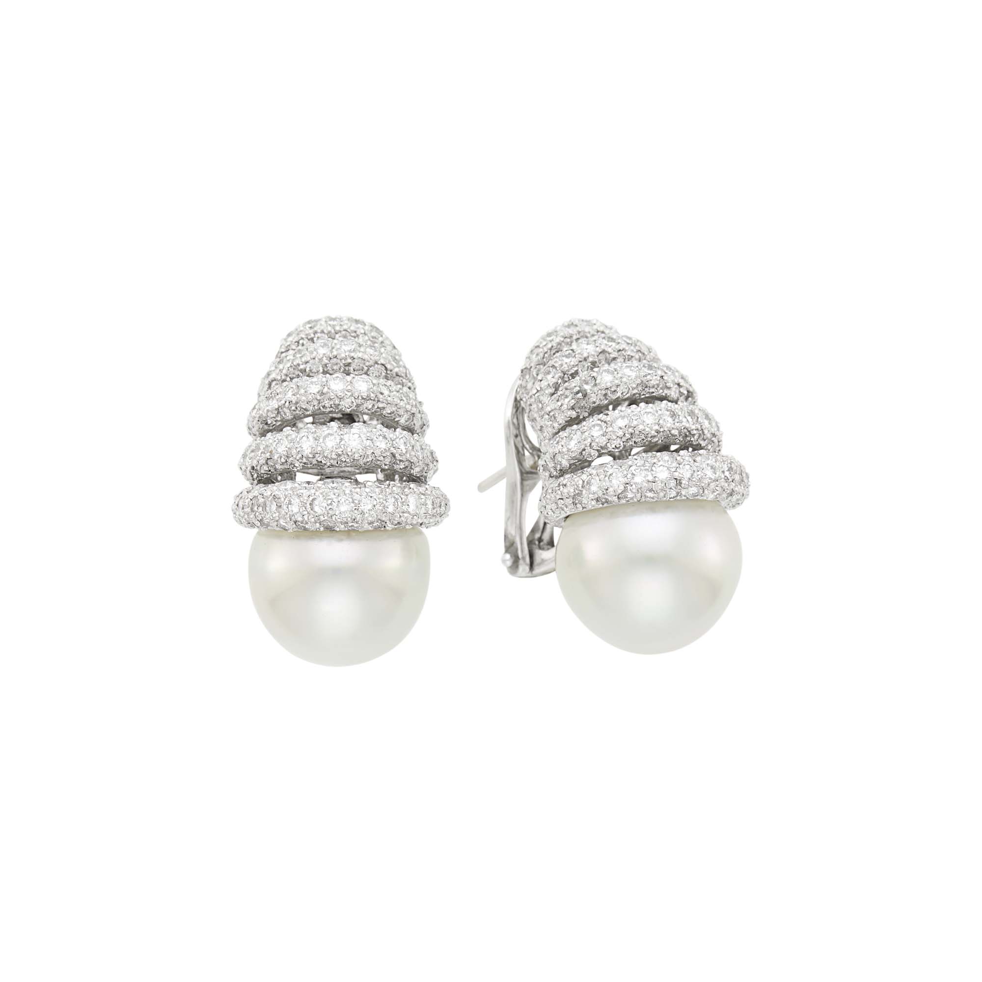Lot image - Pair of White Gold, South Sea Cultured Pearl and Diamond Earrings