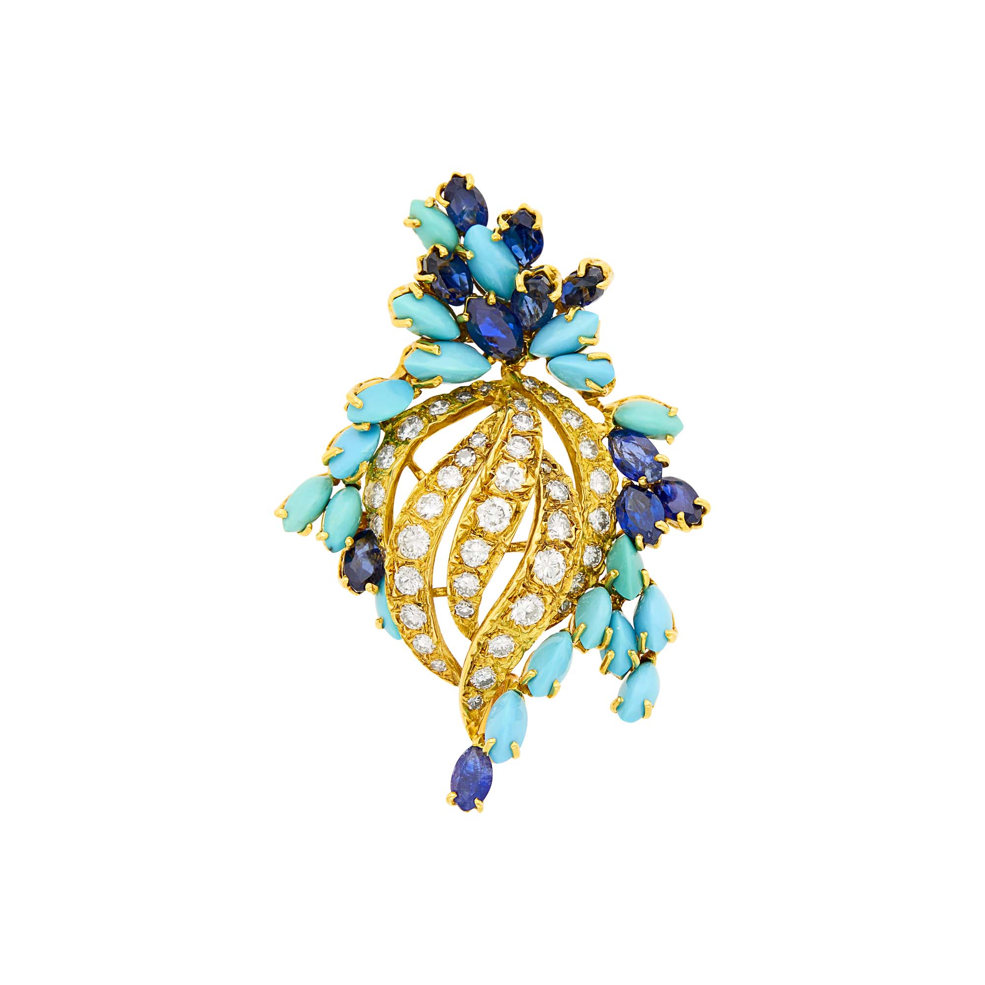 Lot image - Gold, Diamond, Turquoise and Sapphire Clip-Brooch, France