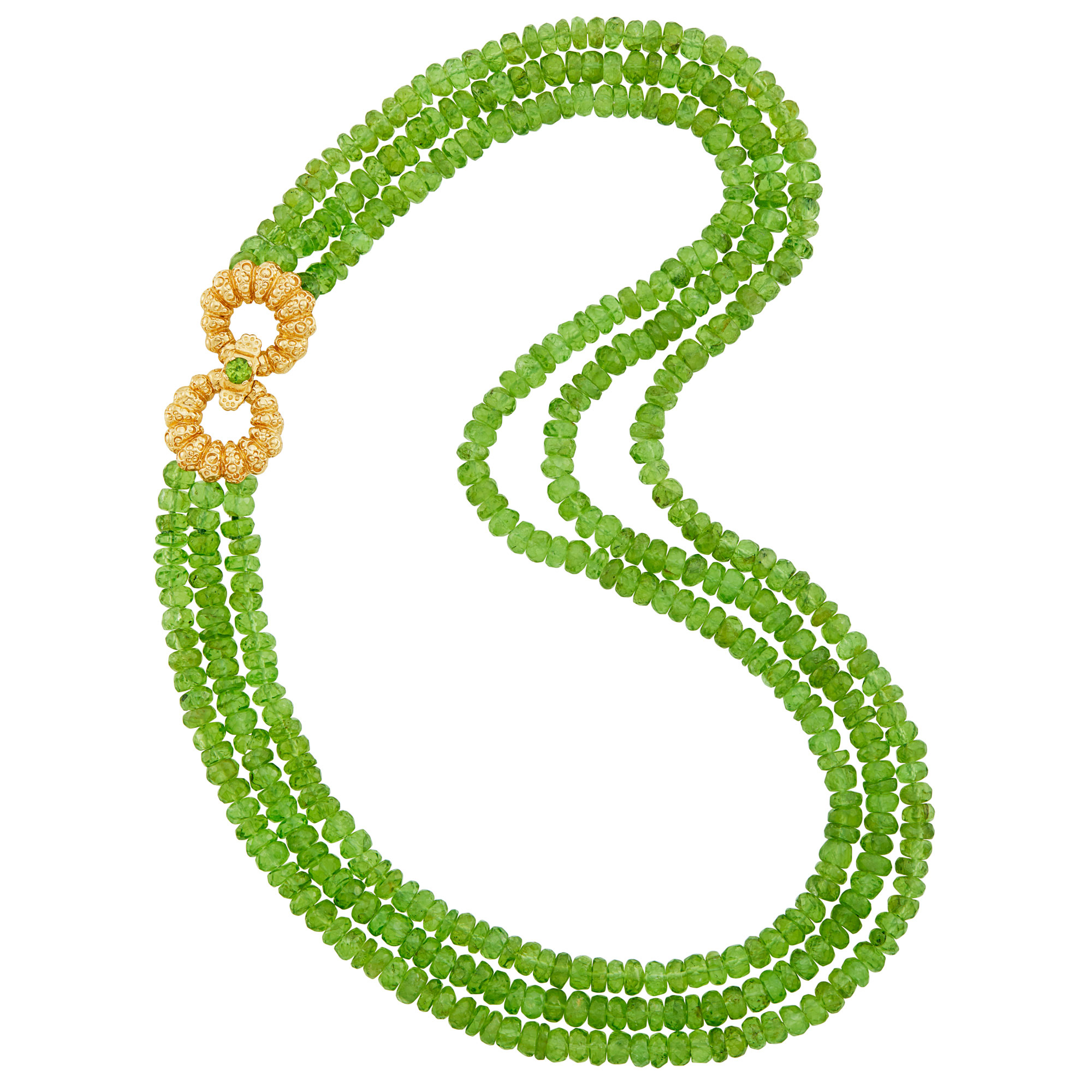 Lot image - Triple Strand Peridot Bead Necklace with Gold Shrimp Clasp
