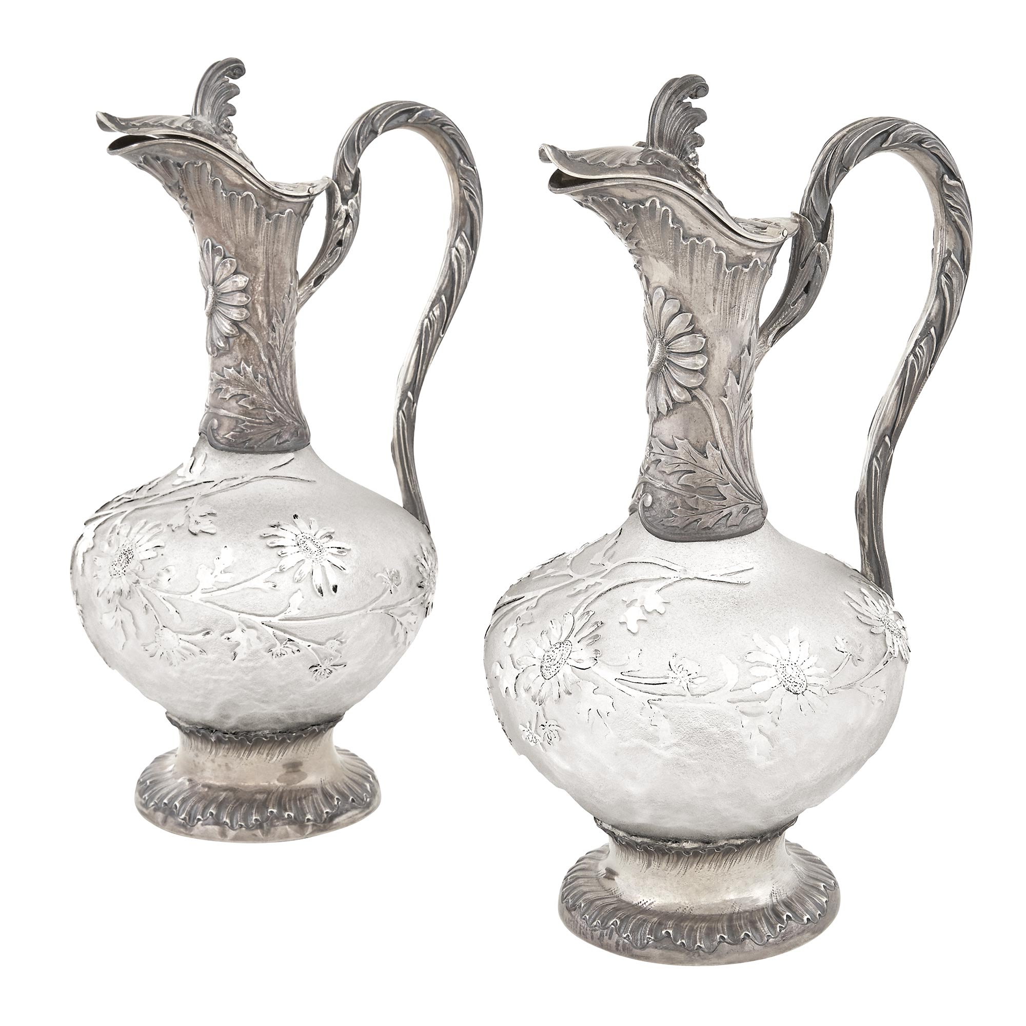 Lot image - Pair of Daum French Silver Mounted, Acid-Etched and Gilt Glass Claret Jugs