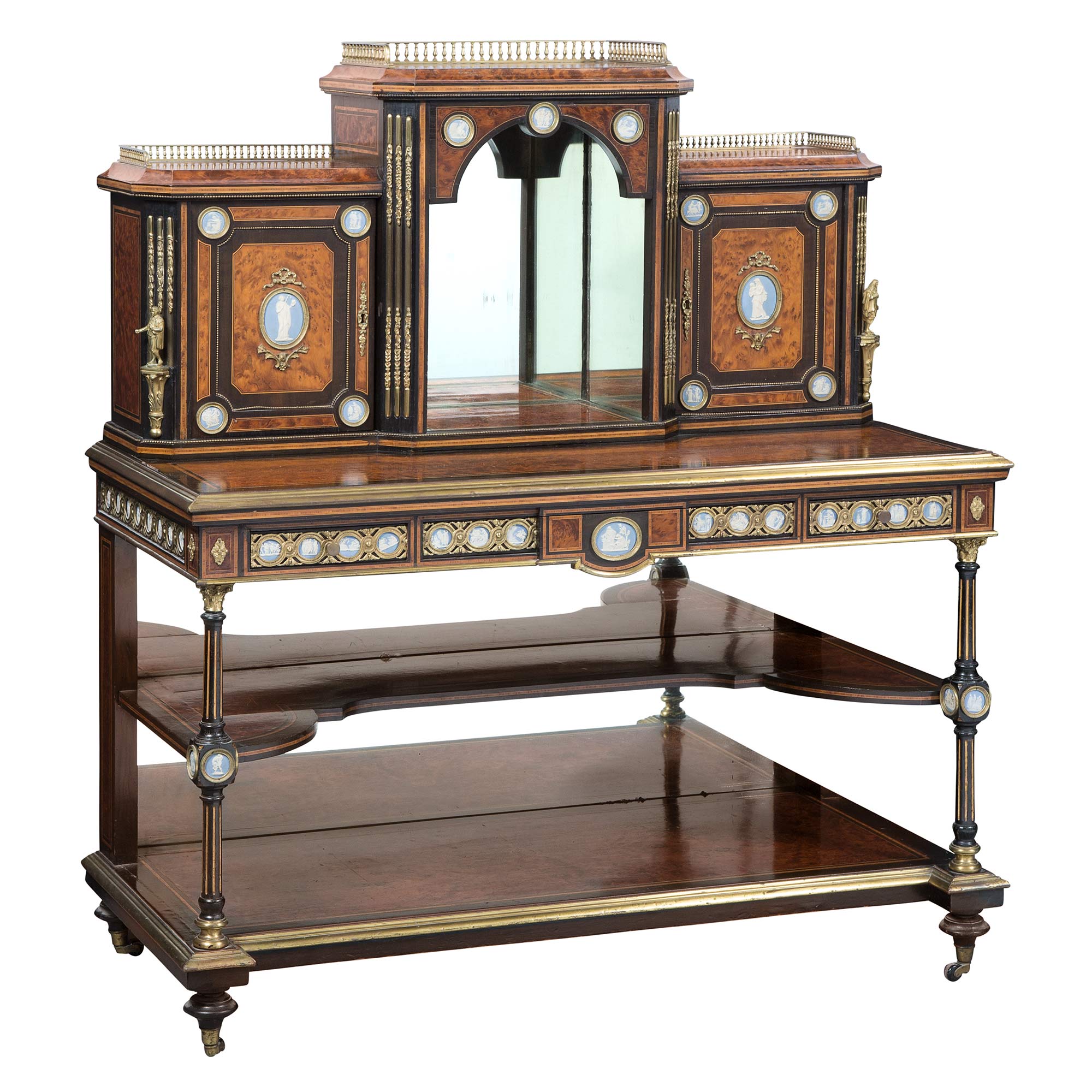 Lot image - English Gilt-Metal- and Wedgwood Plaque-Mounted Burr Maple and Ebony Writing Table/Cabinet