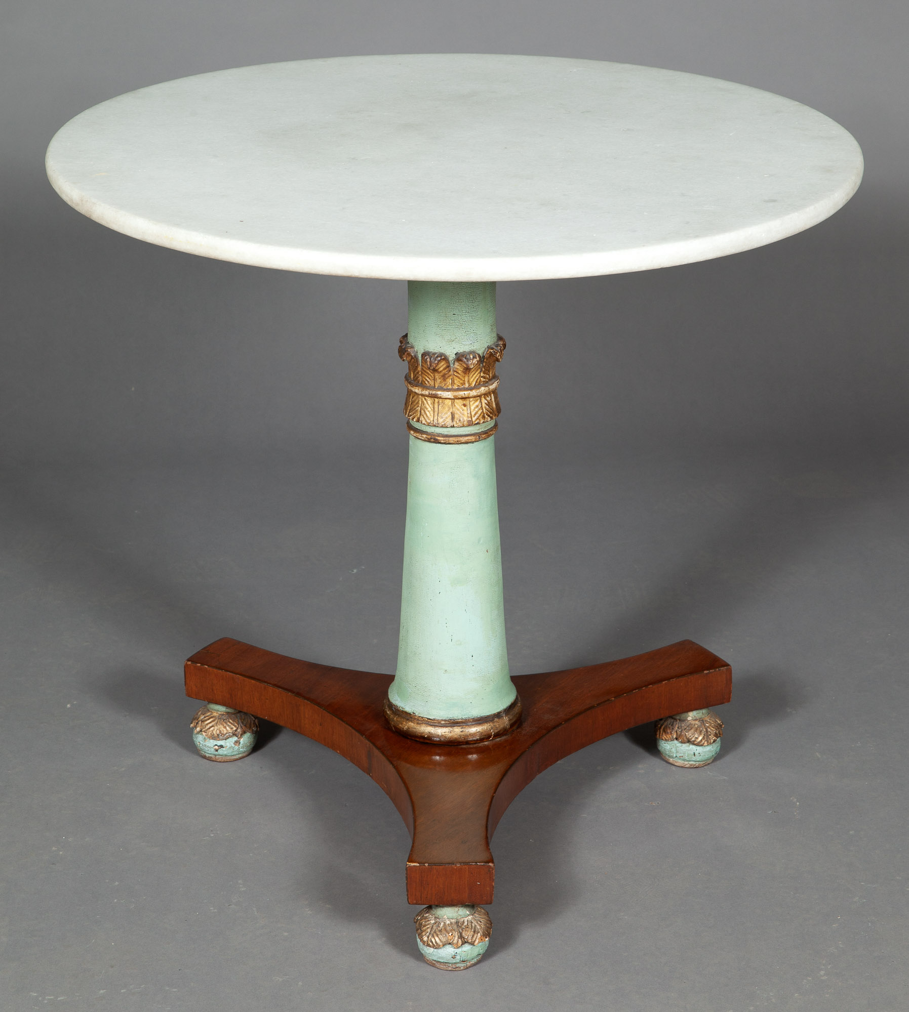 Lot image - Continental Neoclassical Green-Painted, Parcel-Gilt and Mahogany Gueridon