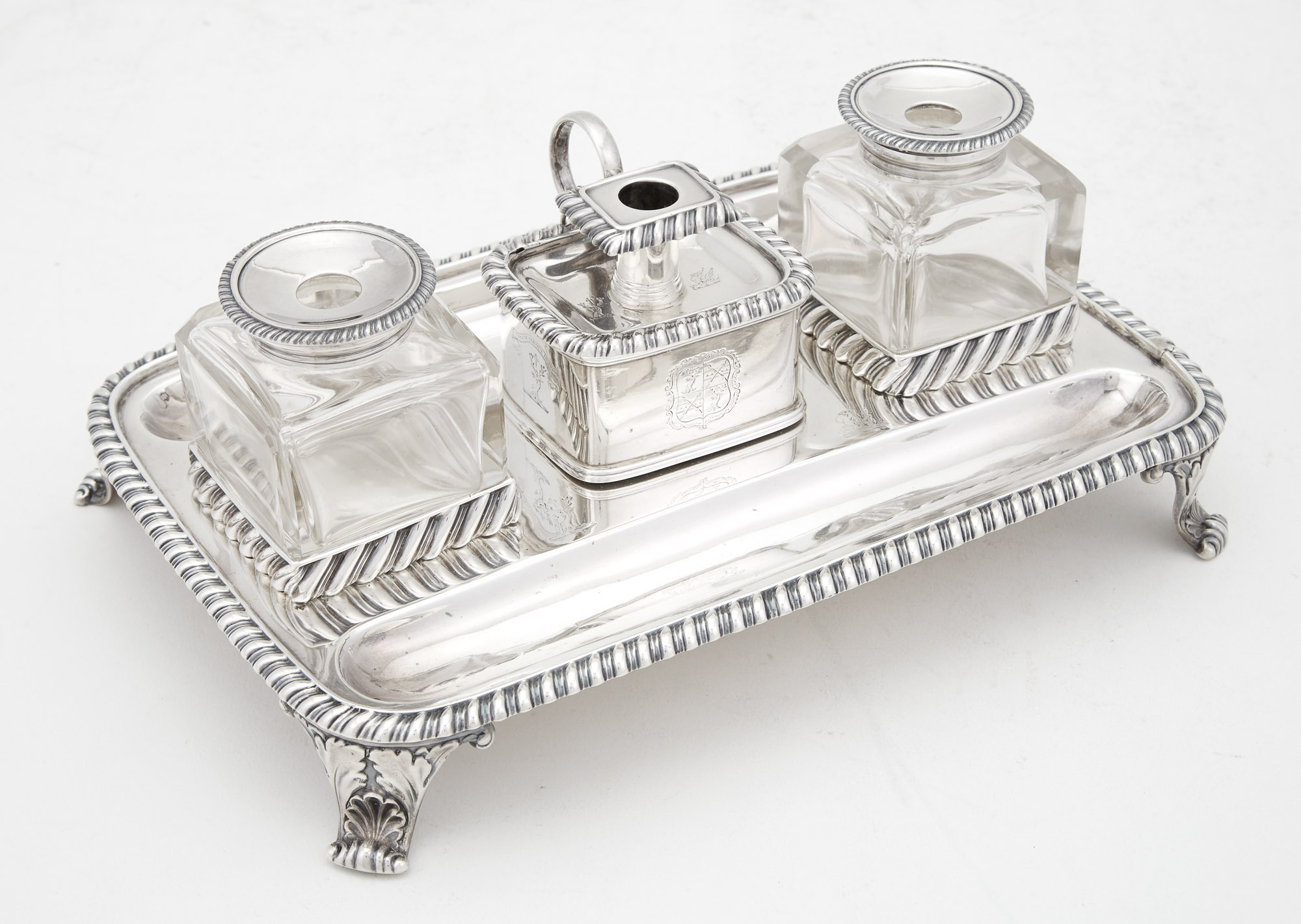 Lot image - George III Sterling Silver Inkstand    John Roberts & Co., Sheffield, 1813