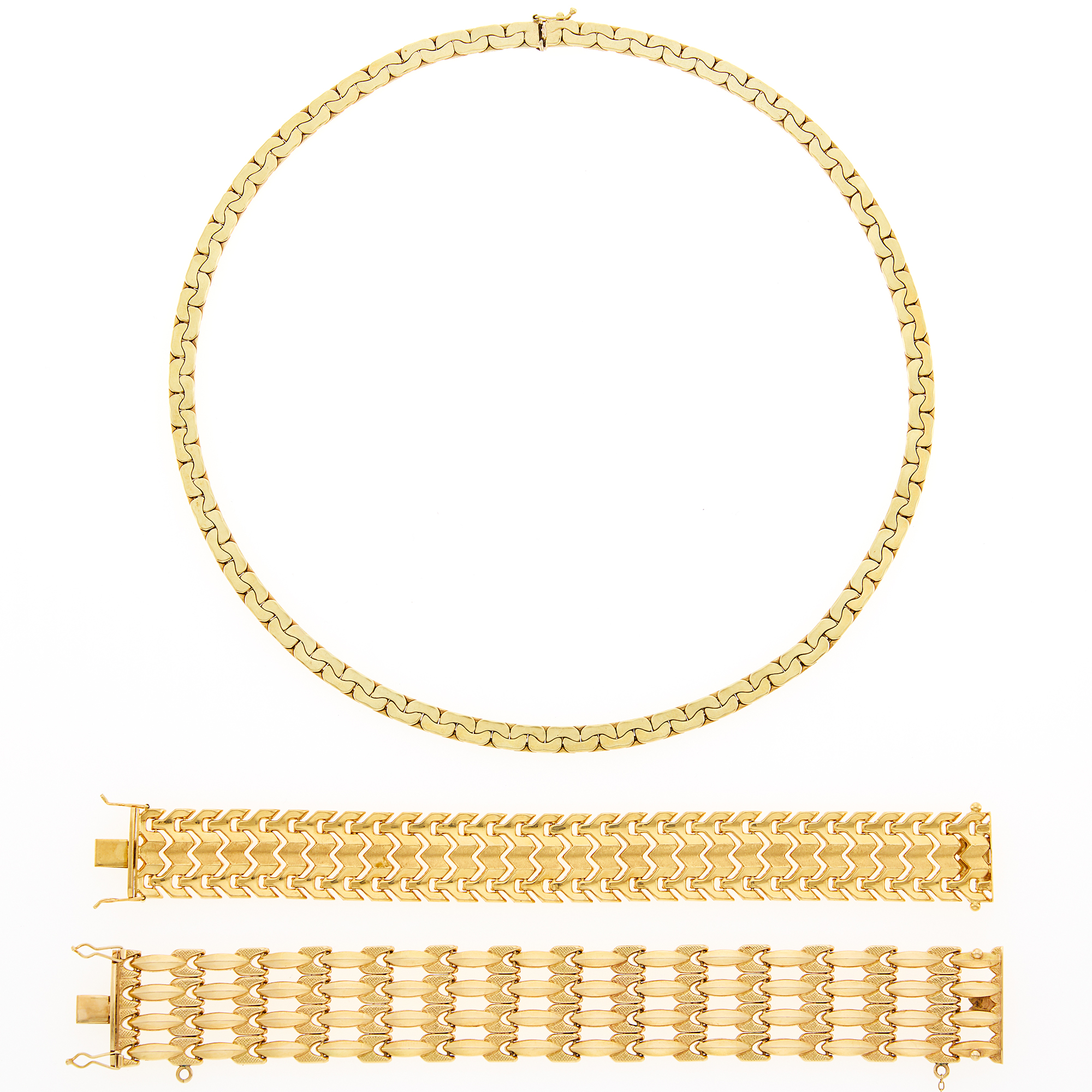 Lot image - Two Gold Link Bracelets and Long Gold Link Necklace
