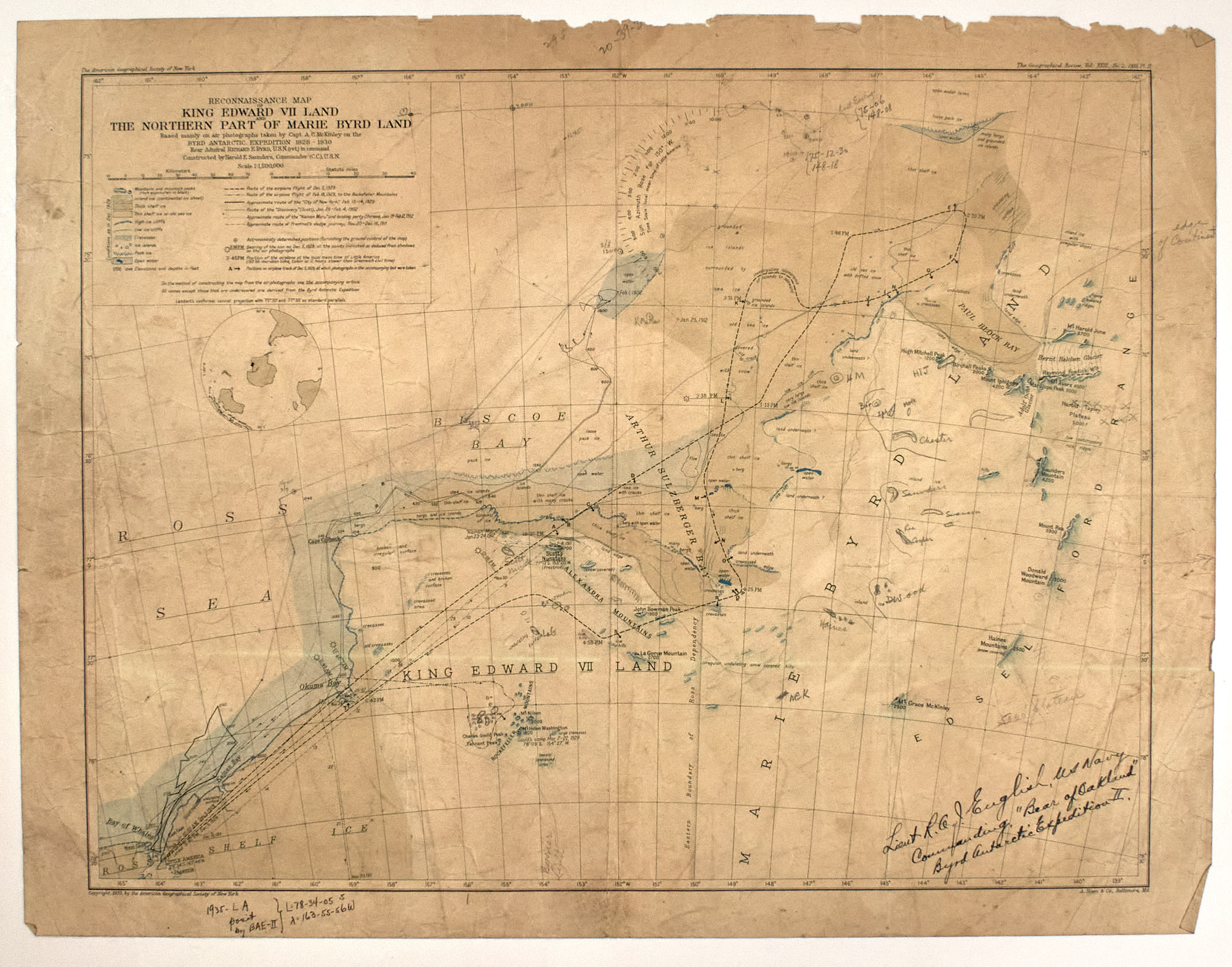 Lot image - [ANTARCTIC-SECOND BYRD EXPEDITION]  [ENGLISH, LIEUTENANT ROBERT A. J.] Reconnaissance Map. King Edward VII Land. The Northern Part of Marie Byrd Land.