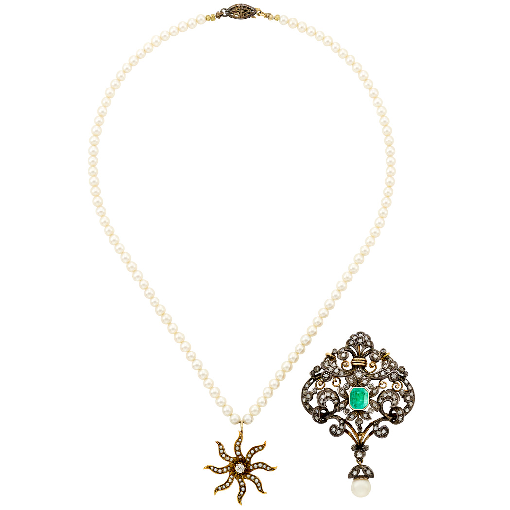 Lot image - Cultured Pearl Necklace with Gold, Silver, Emerald and Diamond Pendant-Brooch and Diamond and Split Pearl Pendant